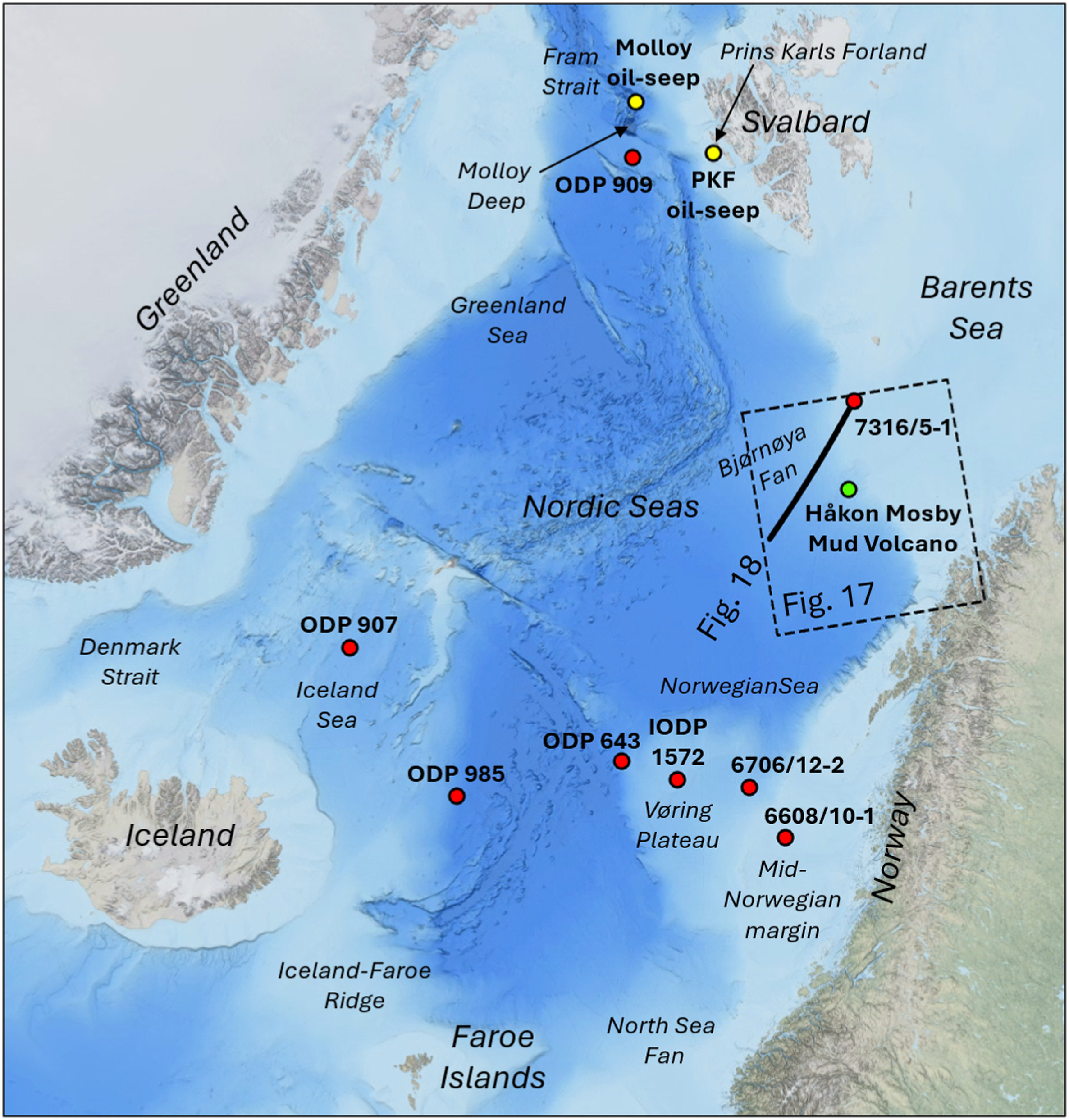 Kartet som viser de to naturlige oljeutsivingene vest for Svalbard, og vitenskapelige brønner og letebrønner der ung miocen kildebergart er påvist.