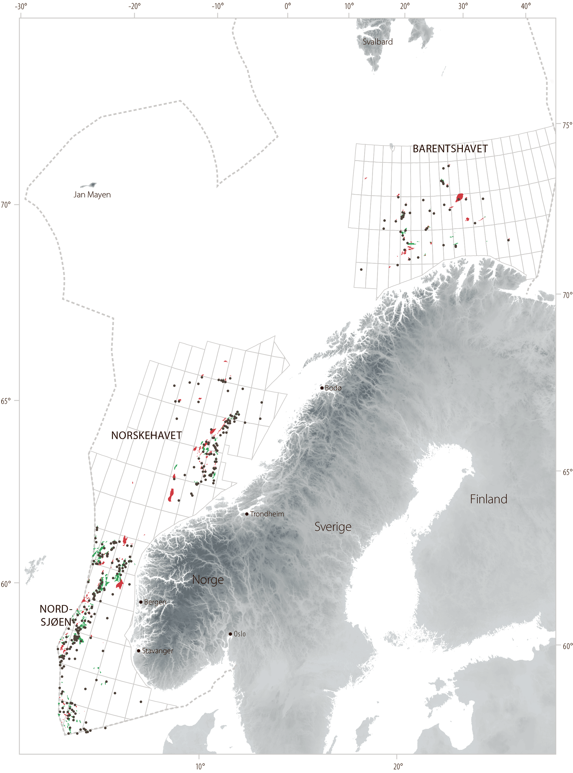 Figur 7.6 Brønner fra perioden 2007 til 2016 som inngår i analysen