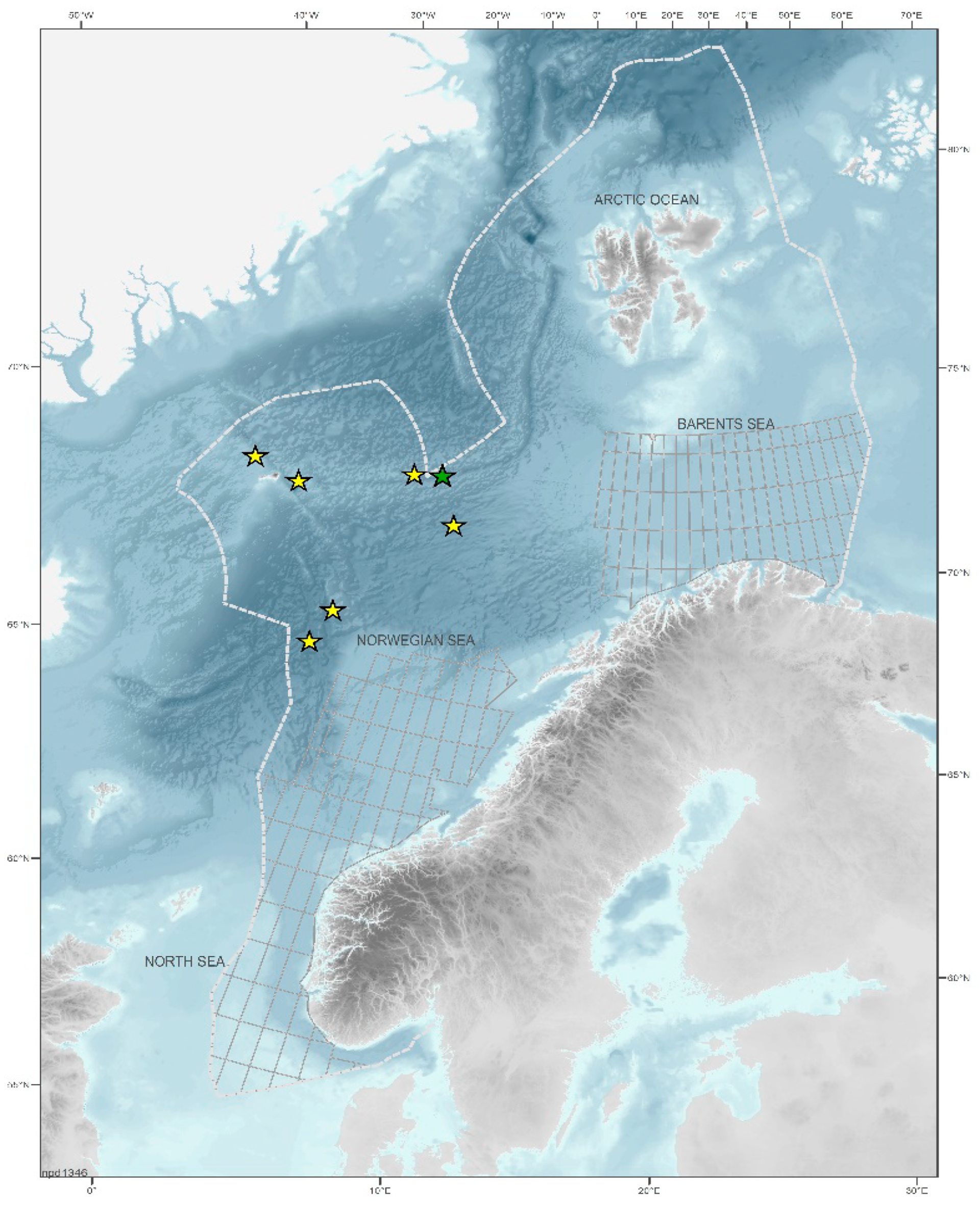 Figure 4-5 Map of the Norwegian Continental Shelf. Areas where the NPD has collected data and mineral samples are marked with stars.