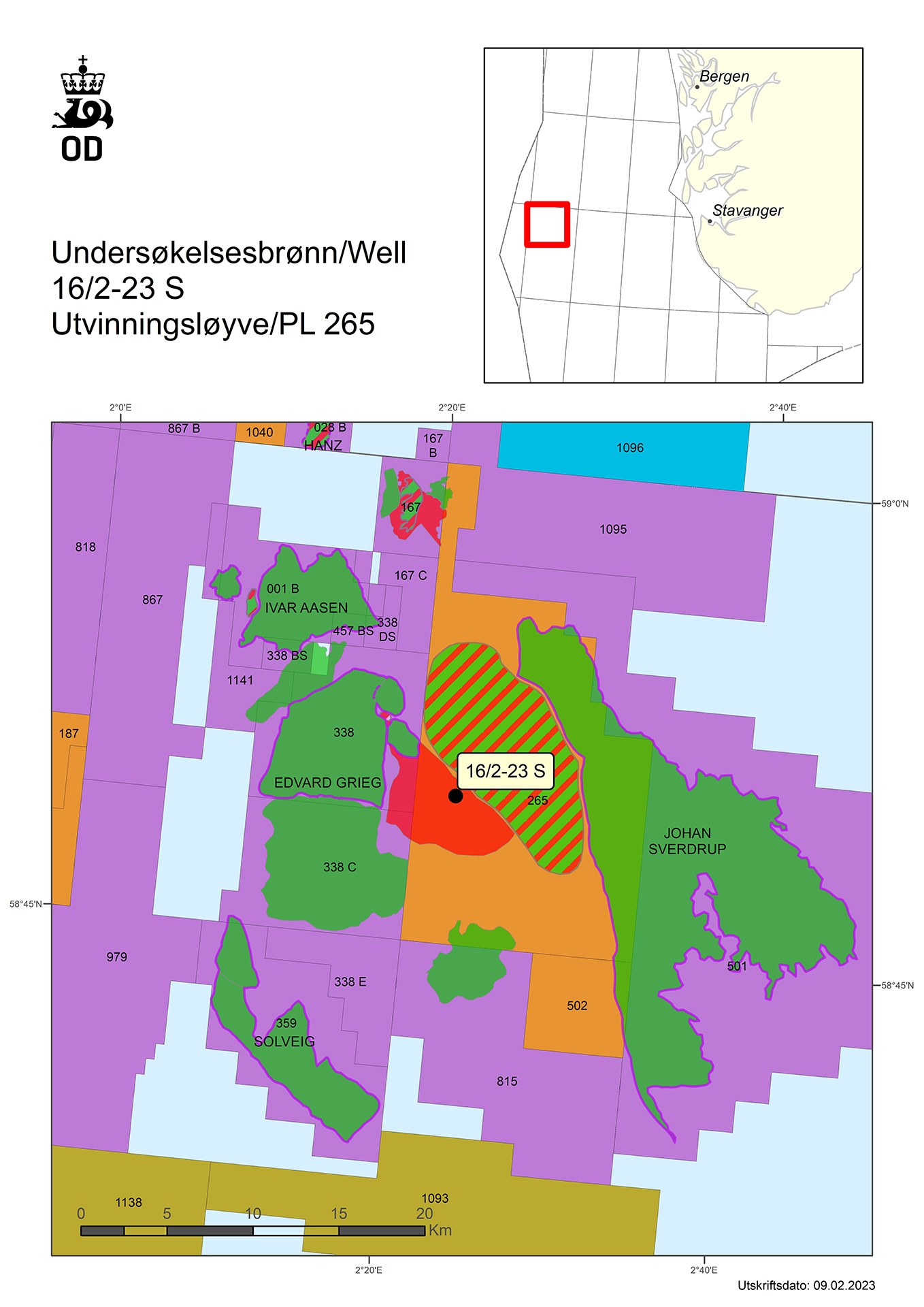 Map showing the location of well 16/2-23 S.