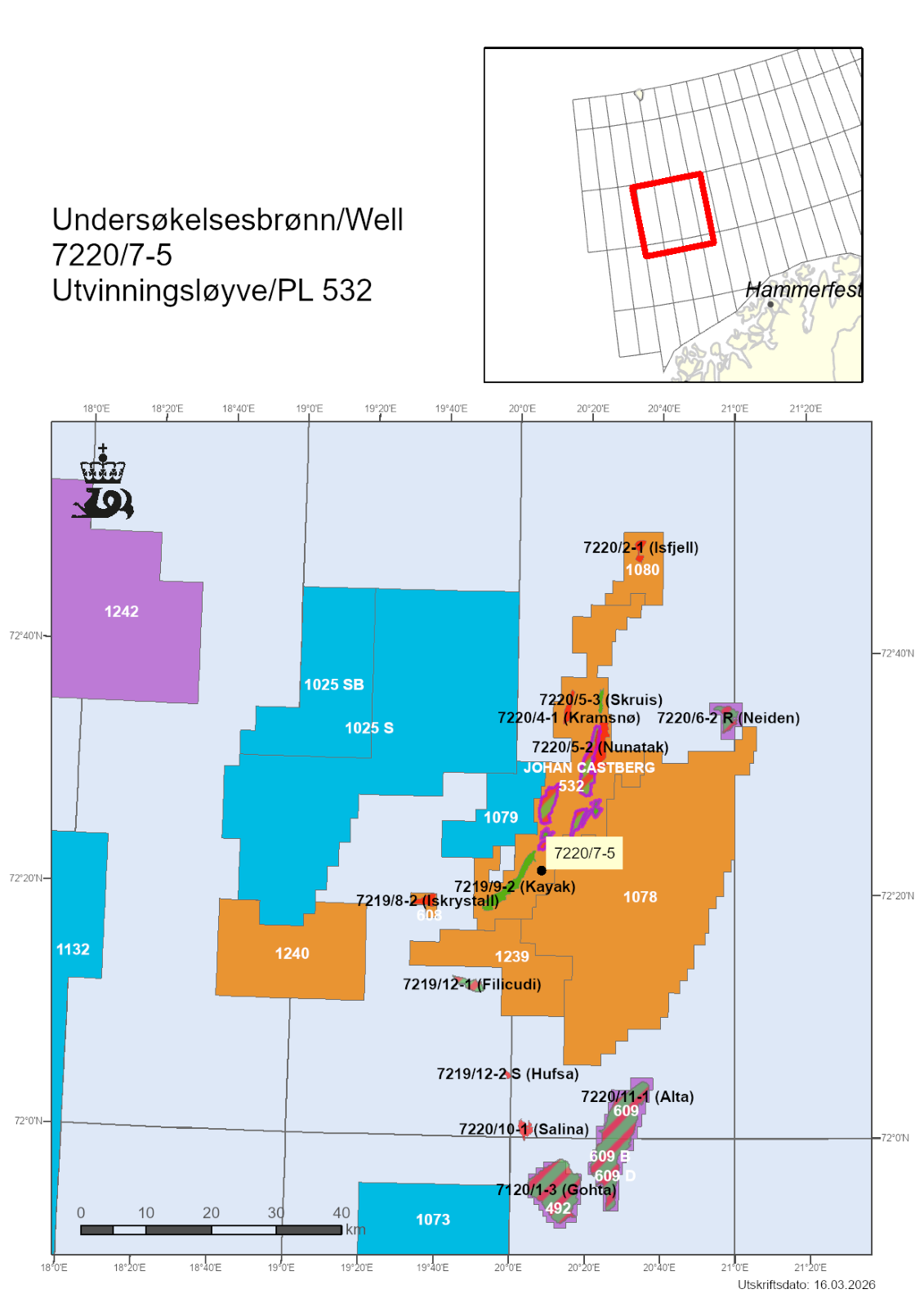 A map of the Barents Sea showing the location of well 7220/7-5.