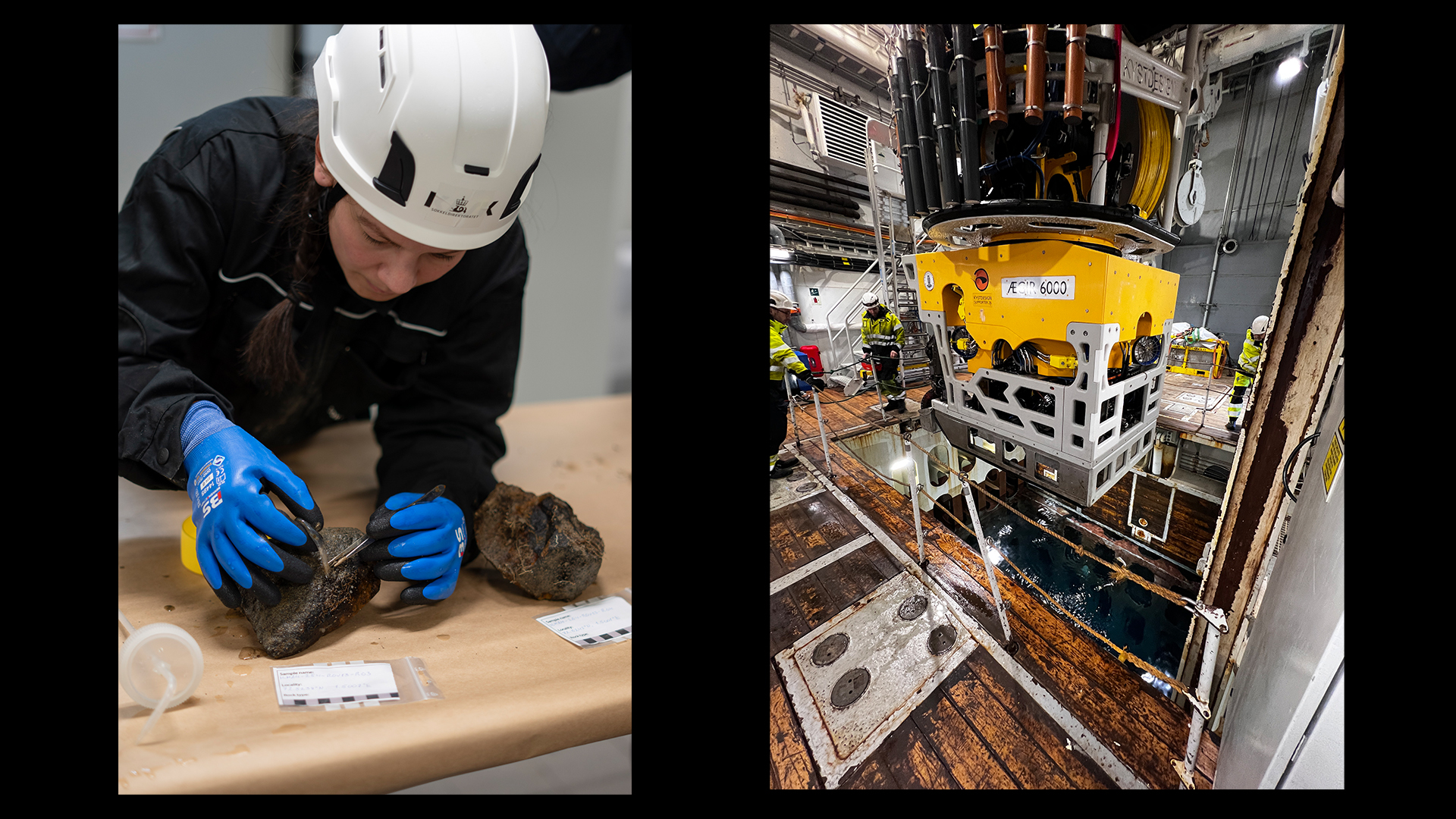 Rosalyn Fredriksen, environmental advisor for the Norwegian Offshore Directorate, looks for biological traces in a sample extracted from 3000 metres below sea level. On the right, the ROV that was used on the recent seabed mapping. (Photo: Jørgen Vadla/the Norwegian Offshore Directorate)