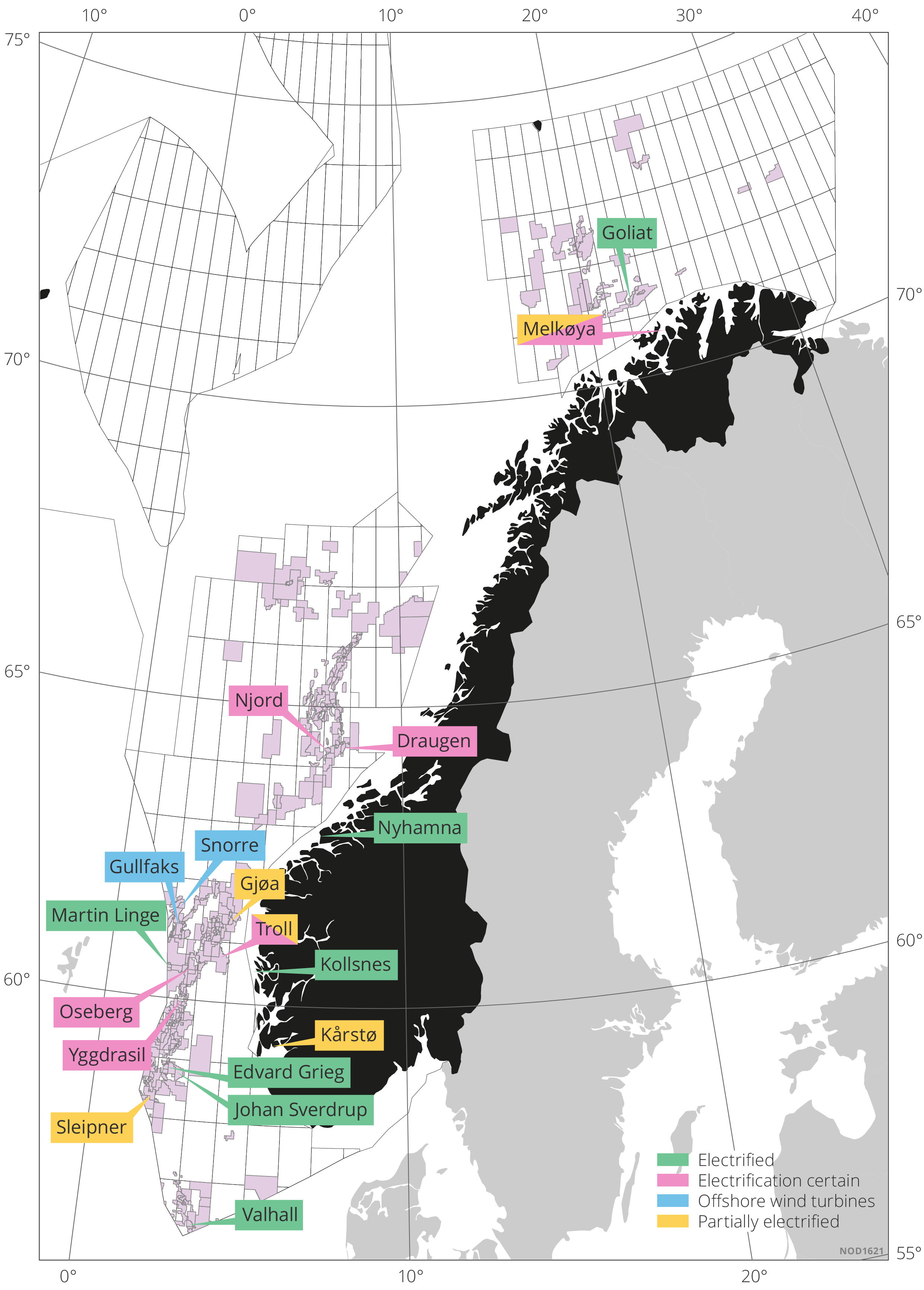 This map shows facilities that receive power from shore. Fully electrified facilities are indicated in green, and partially electrified facilities are indicated in yellow.