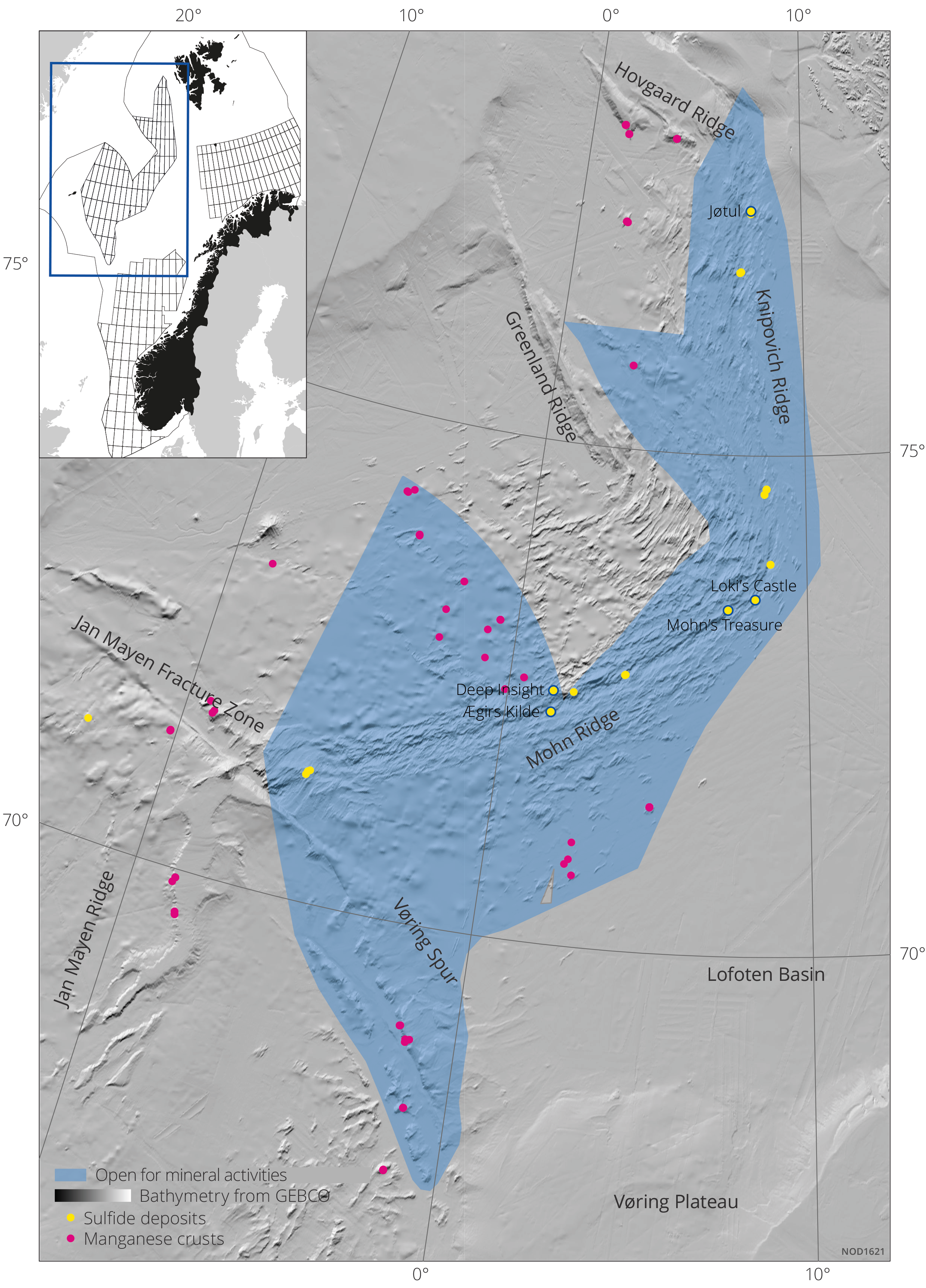 Figure 7.1 The map shows the area opened for mineral activity including mapped locations (data points) for both sulphide and manganese deposits.