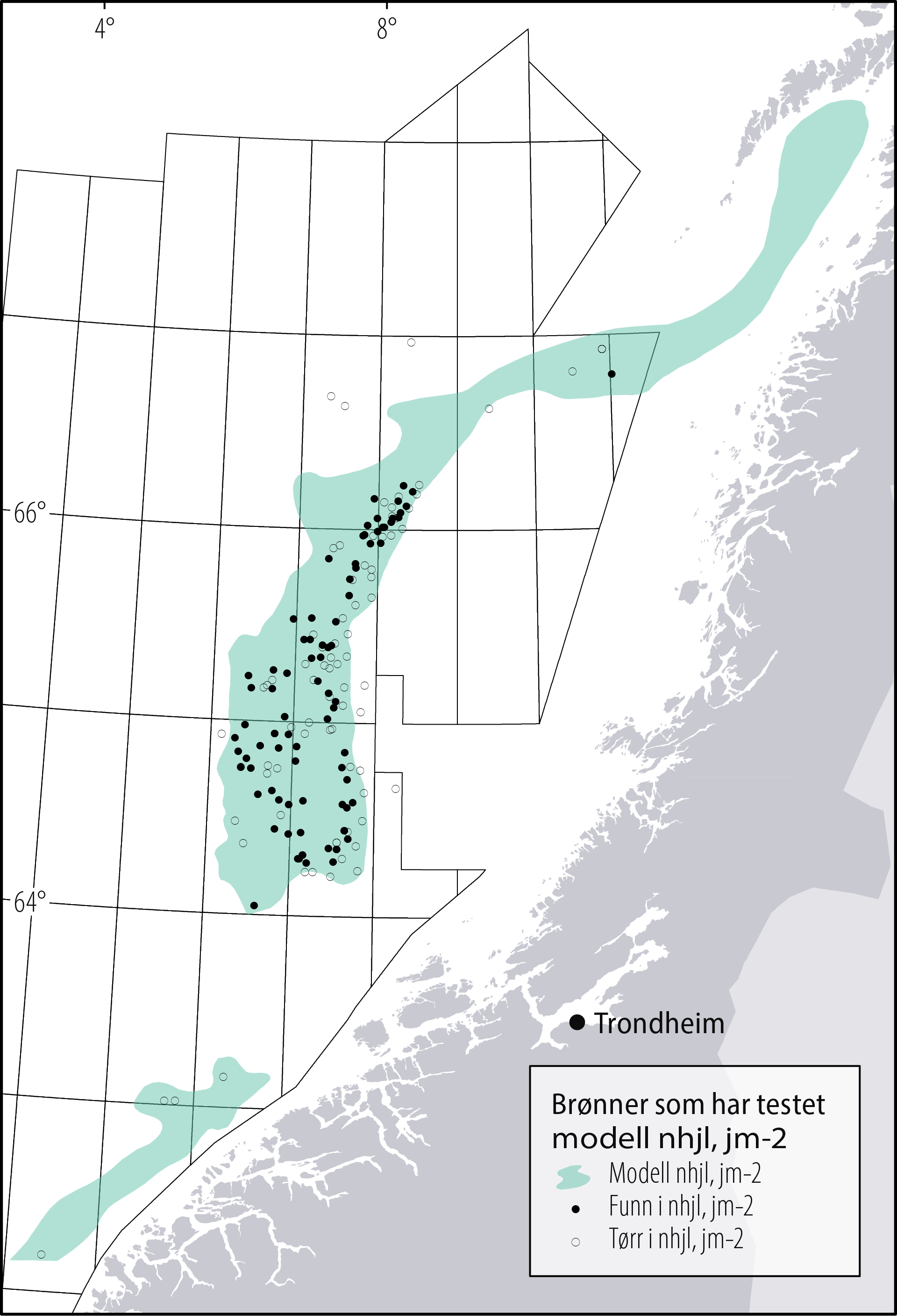 Figur 2.13 Letemodell med størst potensial i Norskehavet Omrisset viser utbredelse av modellen, sirkler viser brønner som har testet modellen og hvilke som er funn.