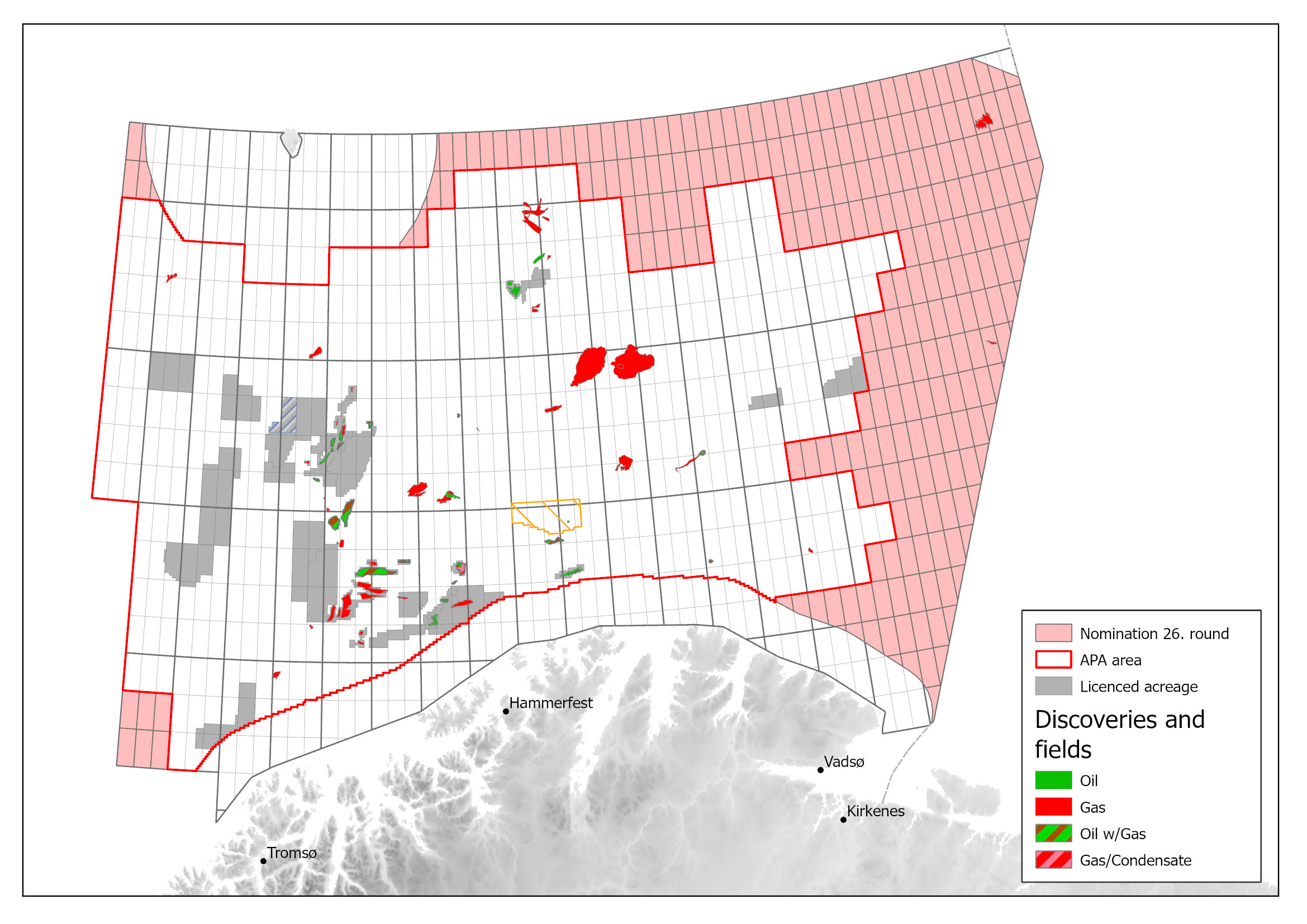 Map showing blocks for nomination in the 26th round in the Barents Sea.