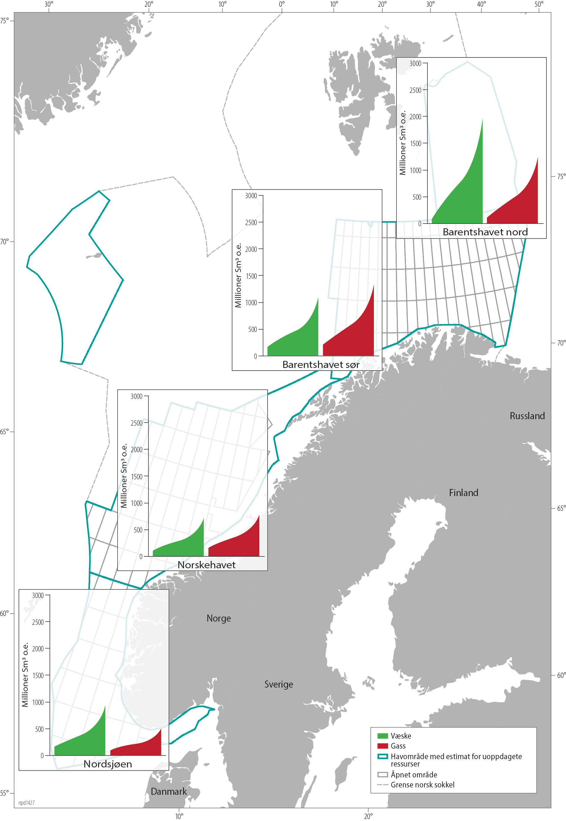 Figur som viser fordeling av uoppdaget væske og gass per havområdet