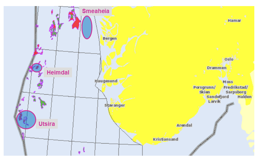 Map of CO2 storage areas evaluated in the feasibility study