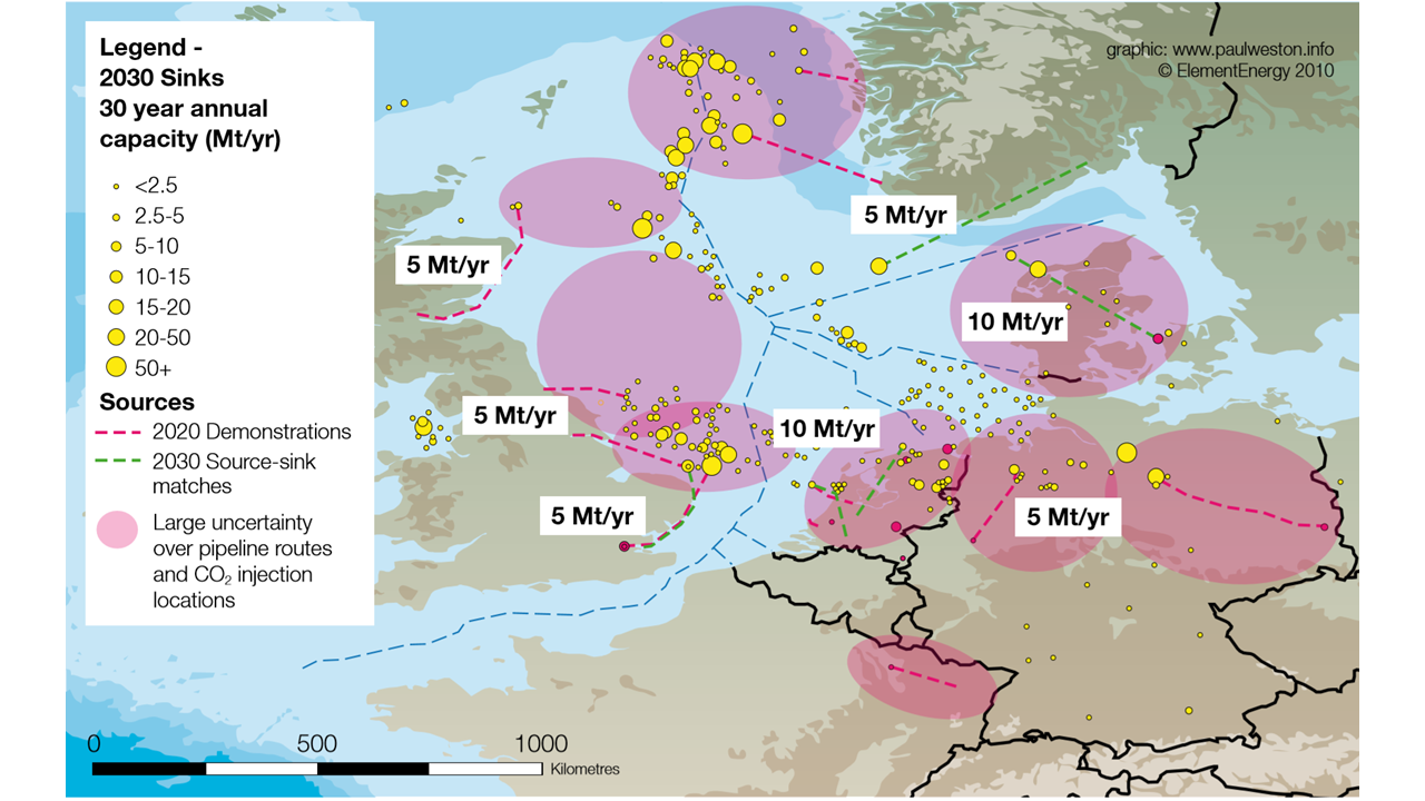 Map showing areas suitable for CO2 storage