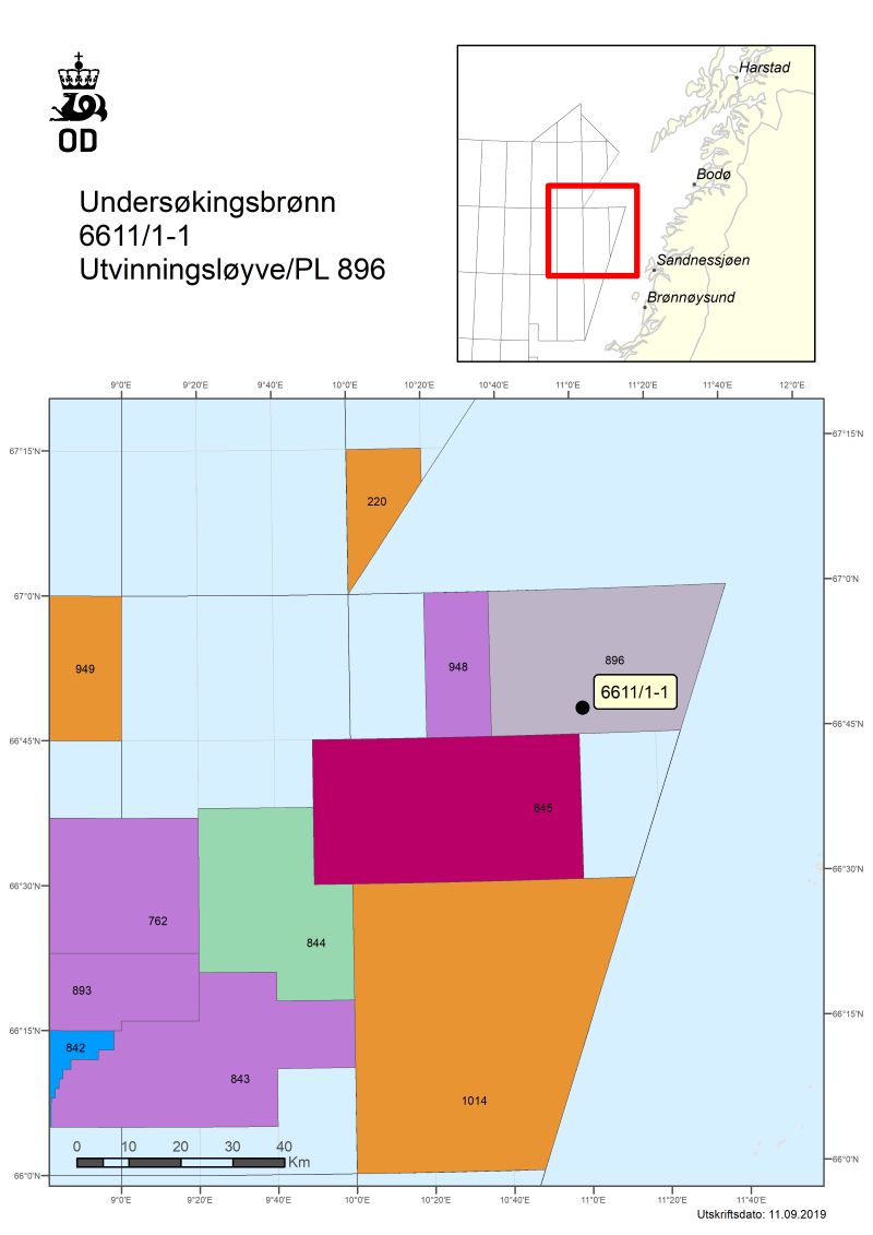 Map showing well 6611-1-1 in production licence 896.