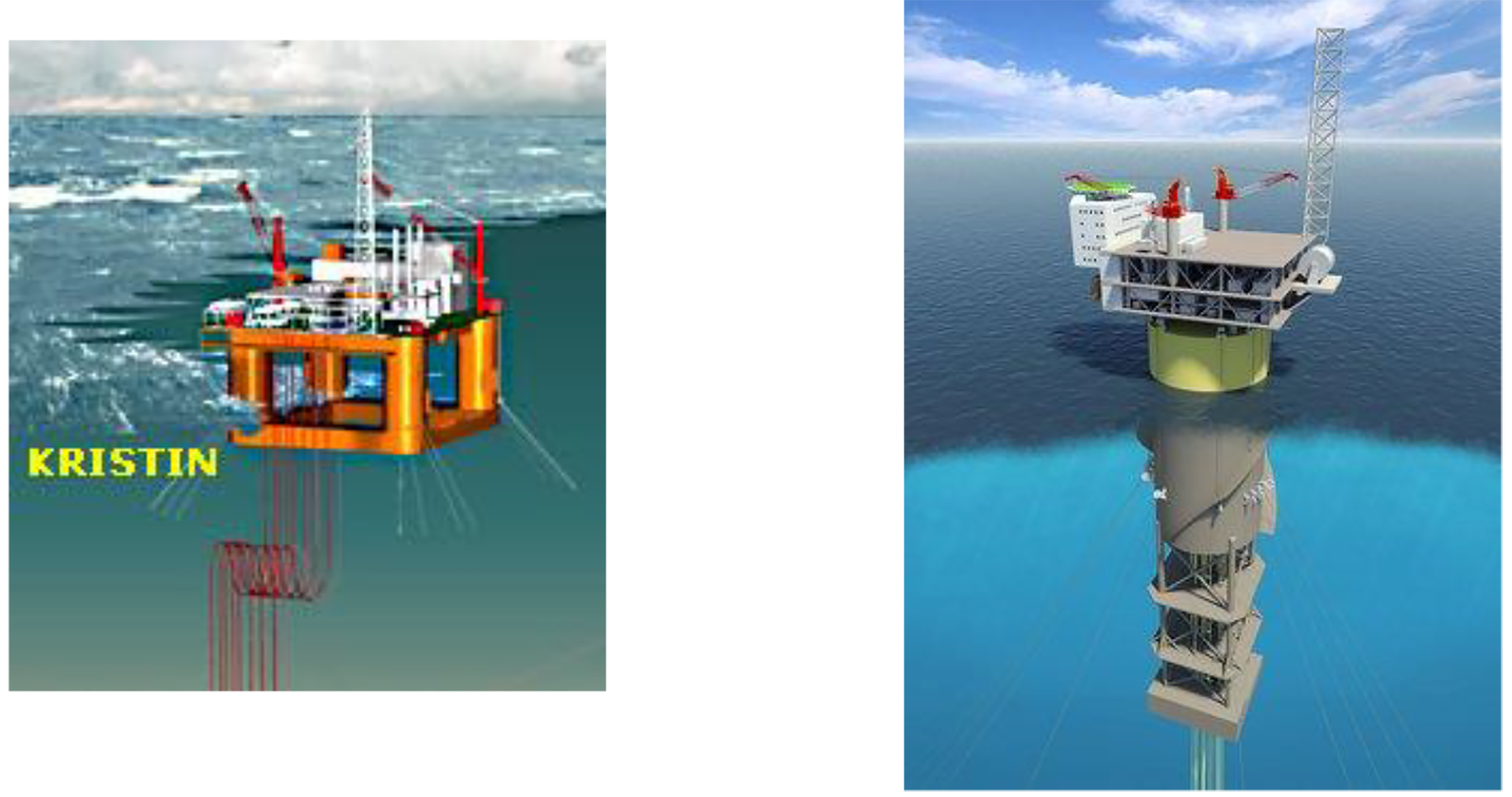 Figur 9-1: Eksempel på semi-sub (Kristin) [62] og Sparbøye (Aasta Hansteen) [63]