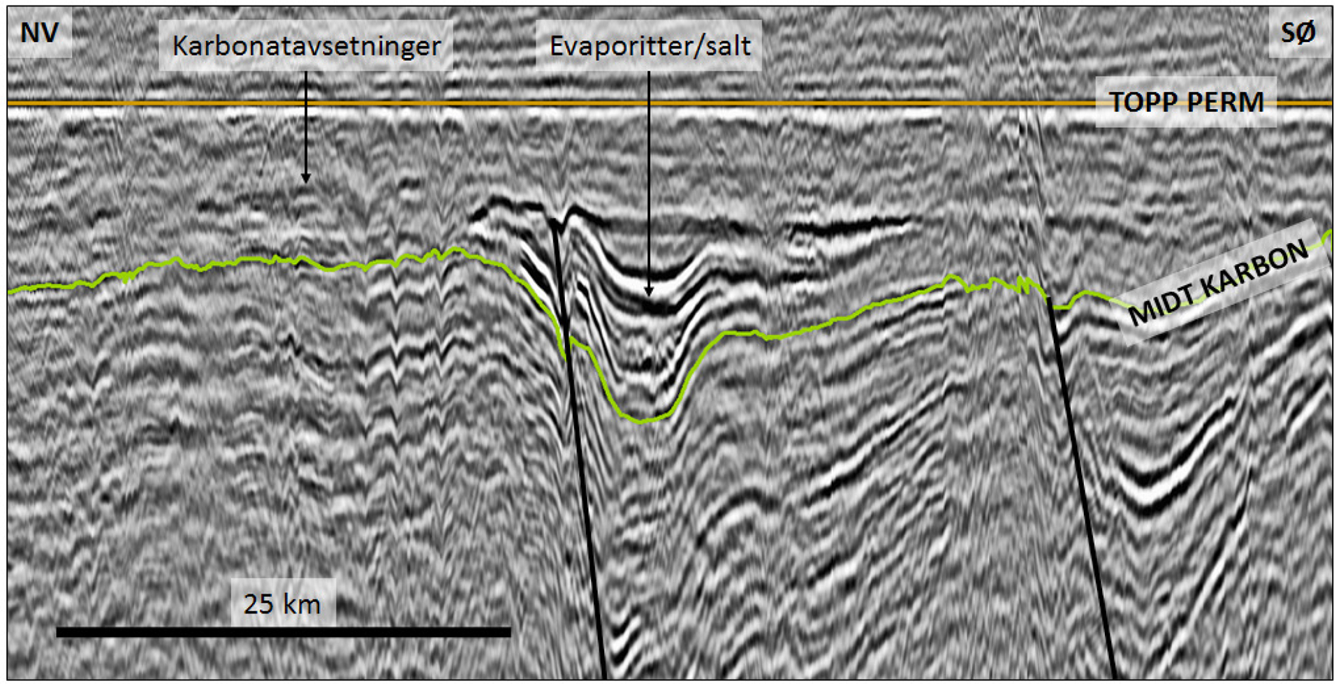 Figur 16. Utsnitt fra Sentralbankhøgda flatet på topp perm-reflektoren. Evaporittavsetninger (sterke reflektorer) i den største grabenen og karbonatavsetninger (homogen og lite reflektiv lagpakke) på høydene og plattformområdene. Etter hvert som grabenen ble fylt inn med evaporitter, ble grabenområdet også en del av karbonatplattformen. Merk at topp perm-flaten setter opp en kraftig multippel internt i det som er antatt å være karbonatavsetninger.