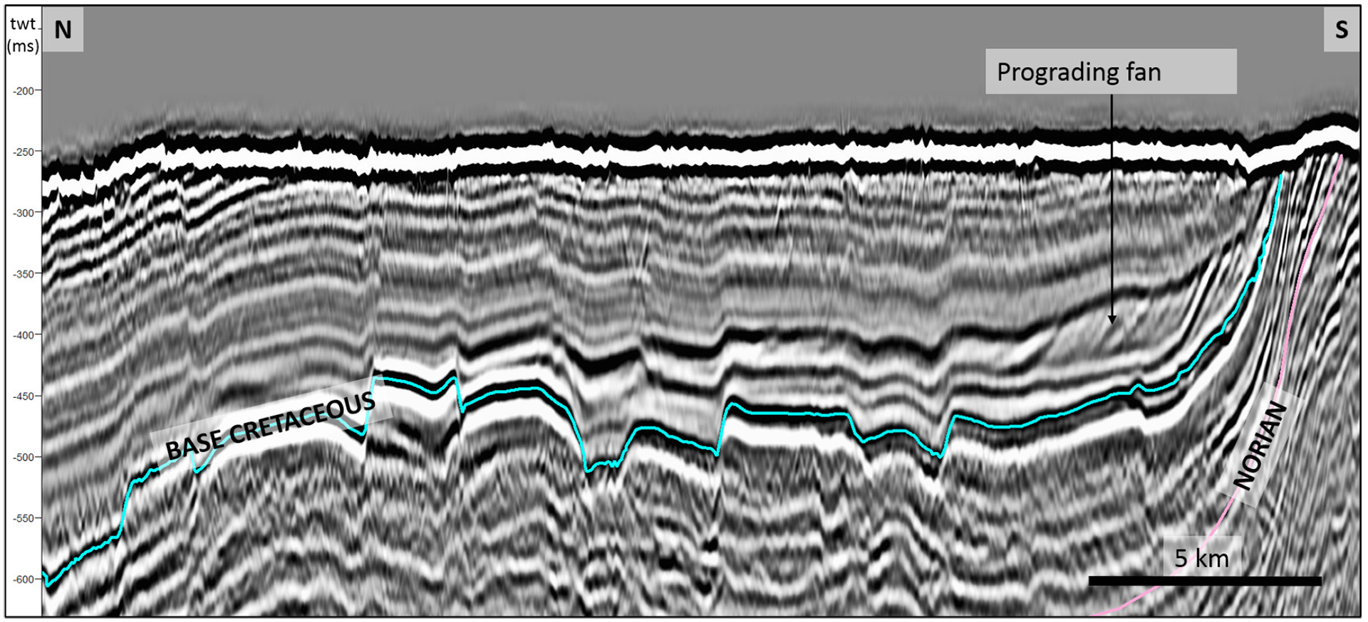 Figure 24. Prograding Early Cretaceous fan deposit in the eastern part of the Sentralbanken high. Sediments in the fan deposit probably originate locally.