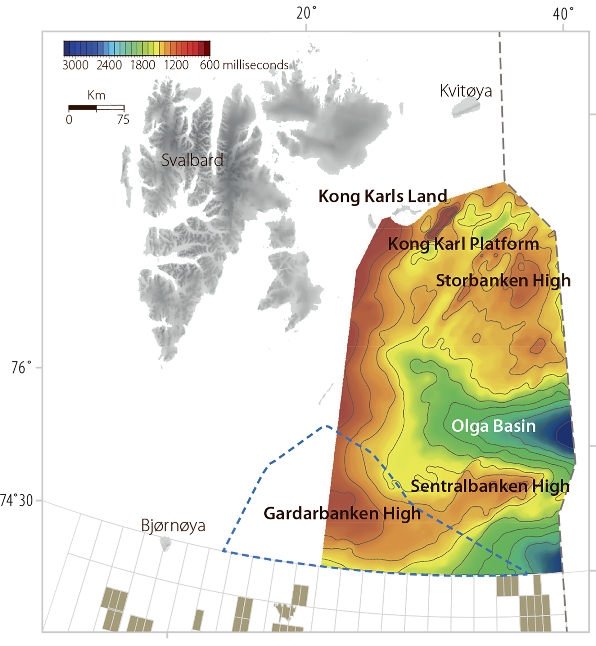 Figure 3.9 Time contour map for the top of the Permian which shows the extent of the mapped area. Source: Geological assessment of petroleum resources in eastern parts of Barents Sea North 2017. The dotted line shows the survey area around the Gardarbank. High in the autumn of 2017.