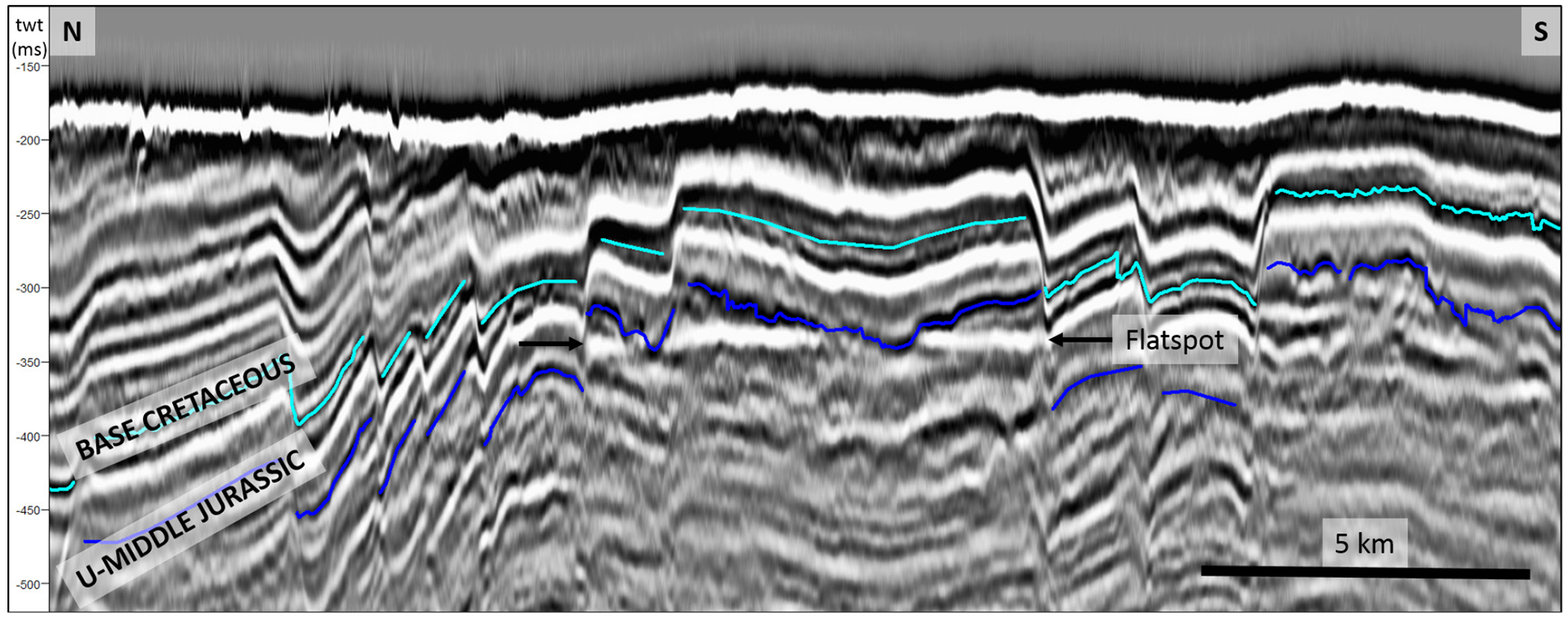 Figure 26. The flat spot in the Wilhelmøya/Realgrunnen subgroup in the study area. Note that this spot can be followed through several fault blocks.