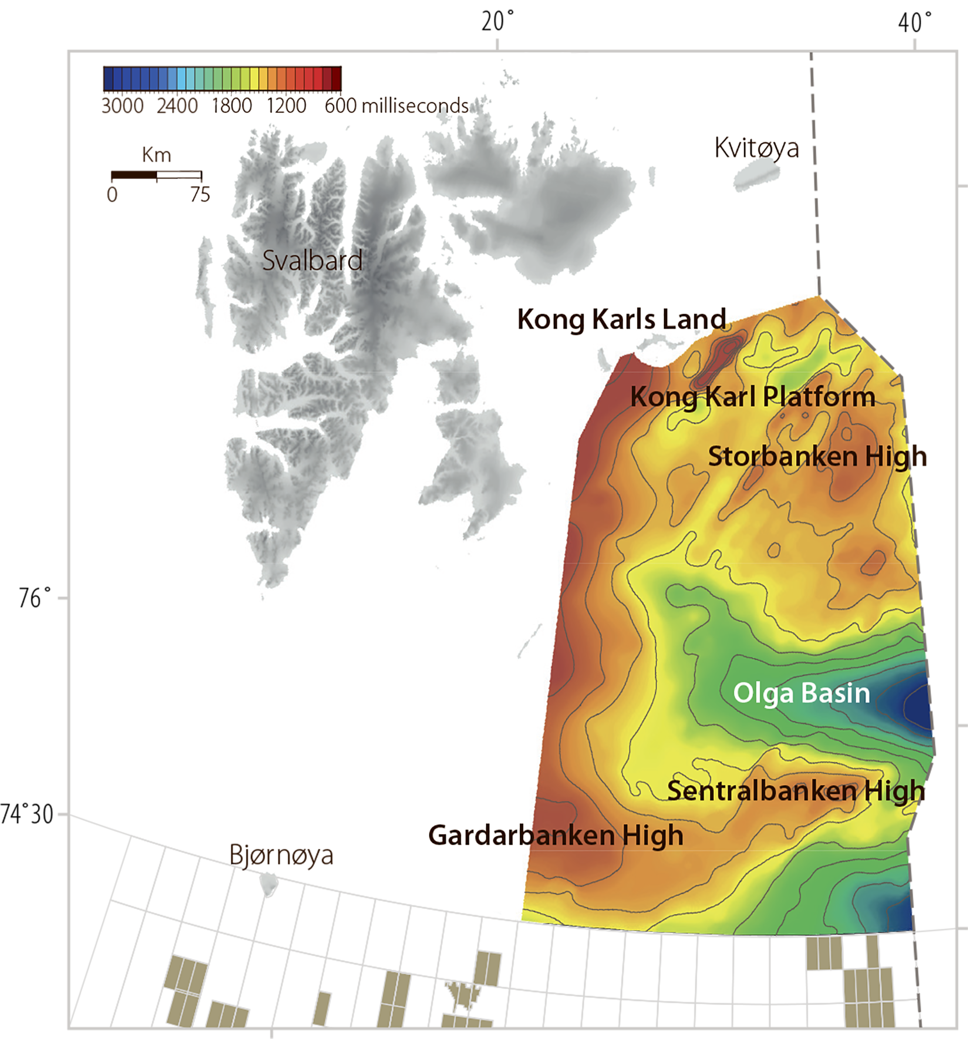 Figure 1.8 Large structures and the extent of the mapped area in Barents Sea North (time contour map for the top of the Permian).