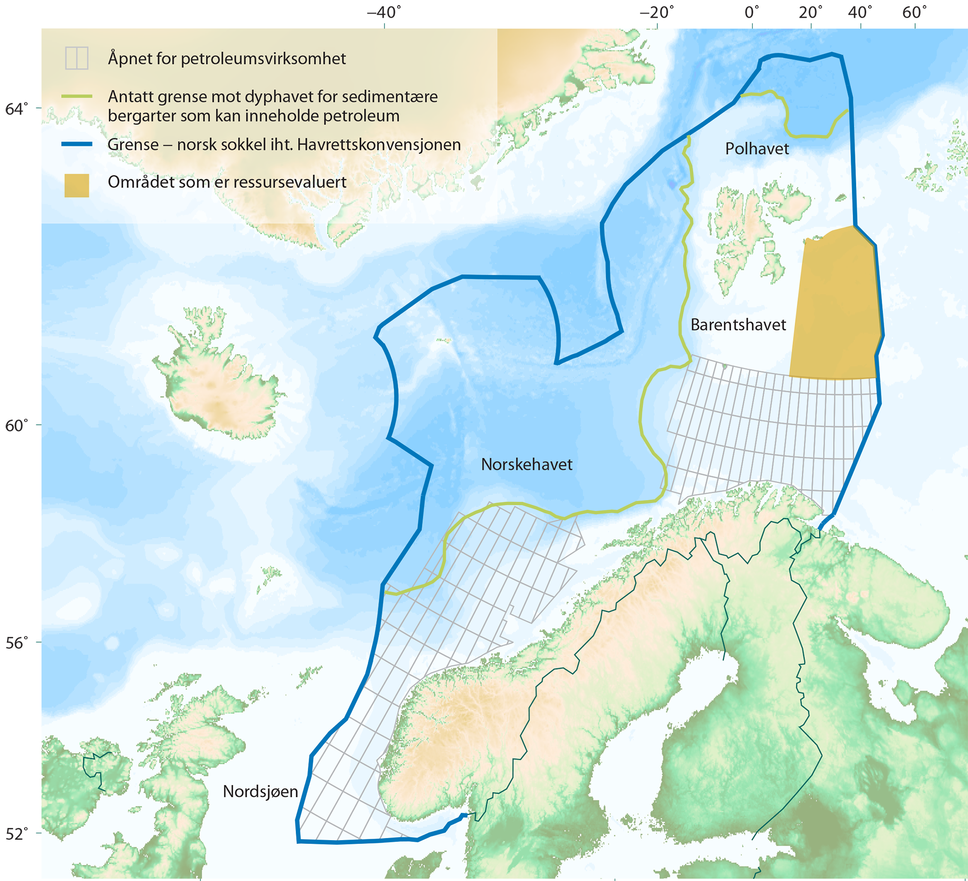 Figur 1. Oversikt over norsk sokkel, hvilke områder som er åpnet for petreolumsaktivitet og arealet som er evaluert.