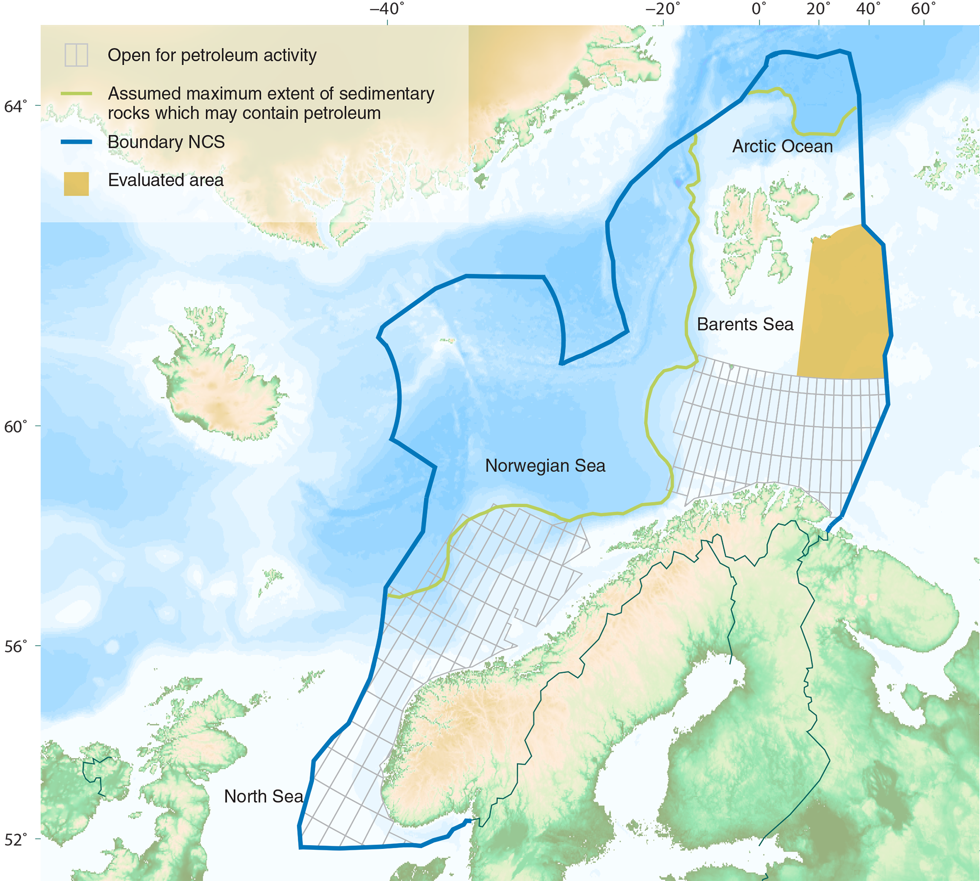 Figure 1. Overview of the NCS, which areas have been opened for petroleum activities and the area evaluated.