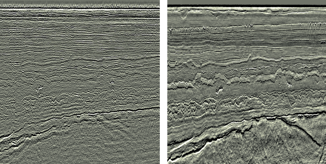 Figur 6.5 Eksempel på forbedring av seismisk datakvalitet fra 2007 (til venstre) til 2013 (til høyre). Eksempelet er fra Edvard Grieg-feltet. (Illustrasjon: WesternGeco).