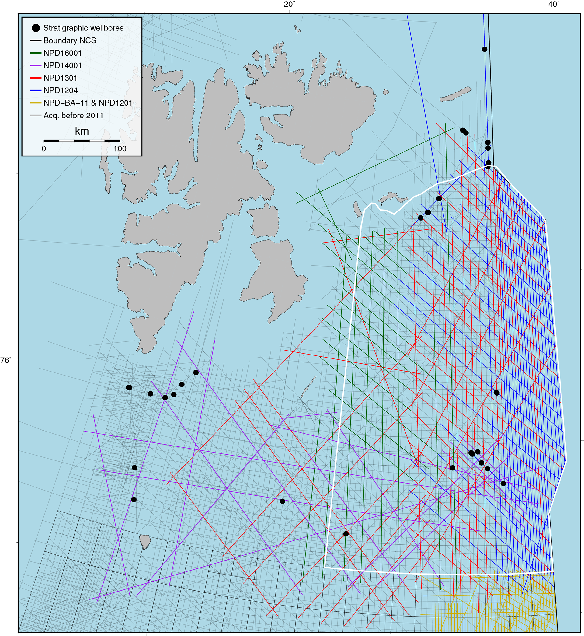 Figure 5. Data coverage in Barents Sea North. The white polygon delineates the mapped area. Shallow boreholes are marked.