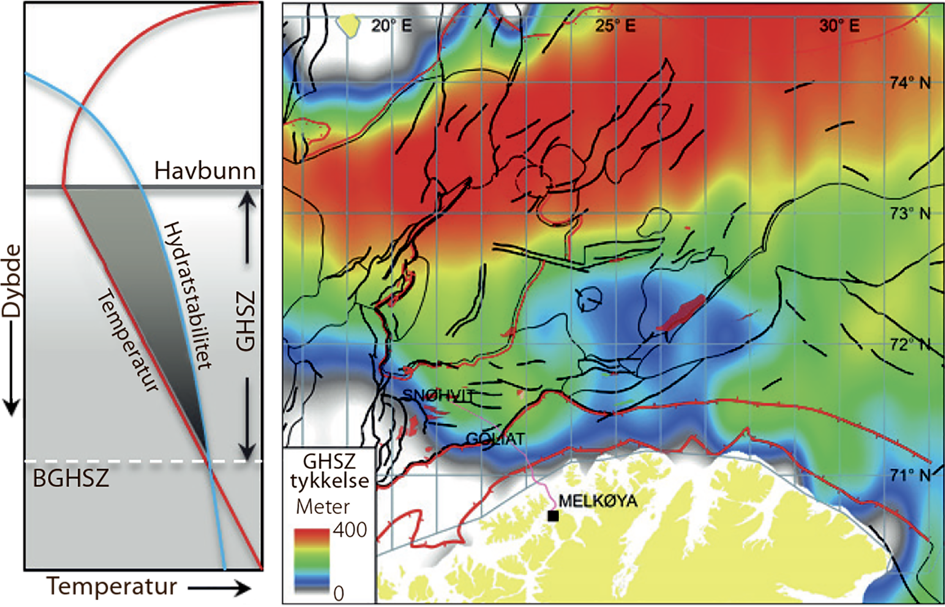 Figur 8.5 Kart som viser tykkelsen til gasshydratsonen i Barentshavet (basert på Chand et al., 2012)