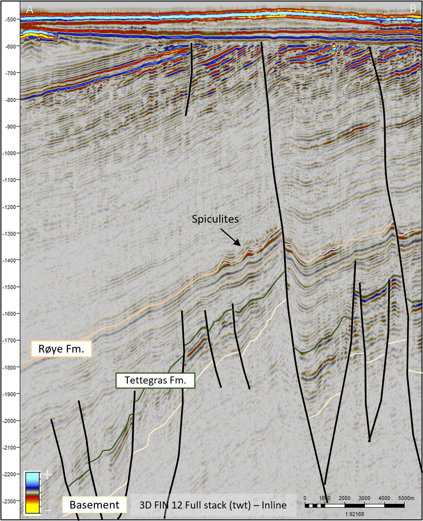 Figure 3. Seismic line (Fin13) showing fault structures at basement rock level.