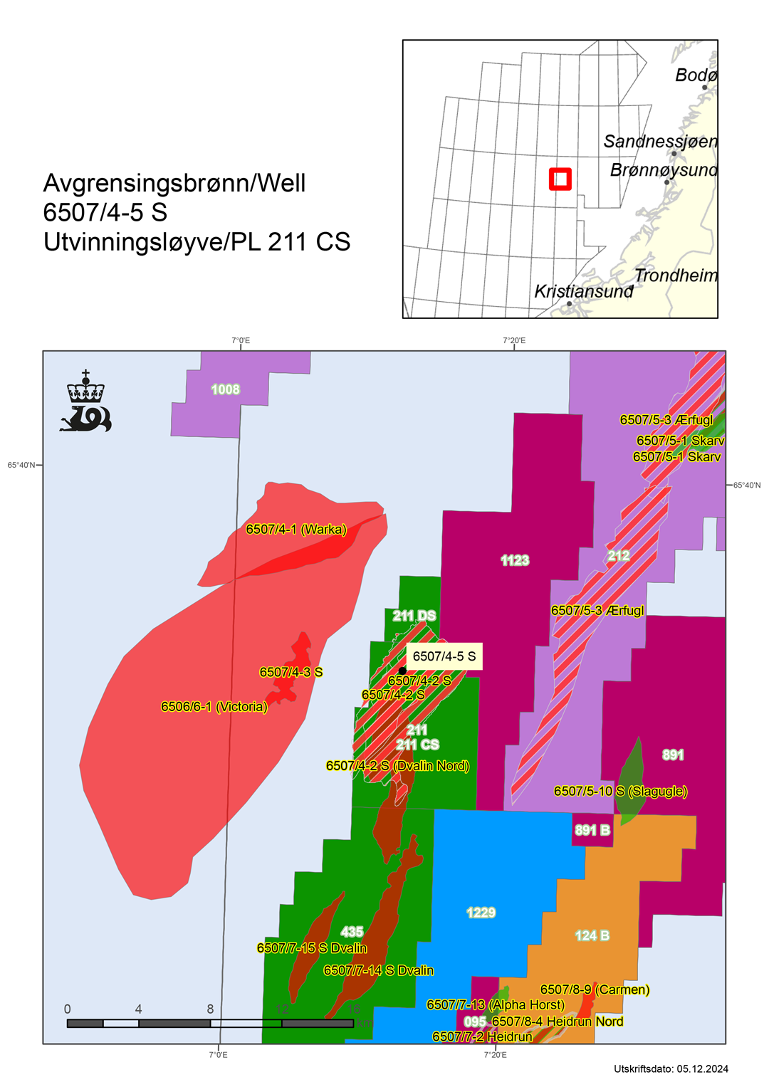 Map showing the location of well 6507/4-5 S.