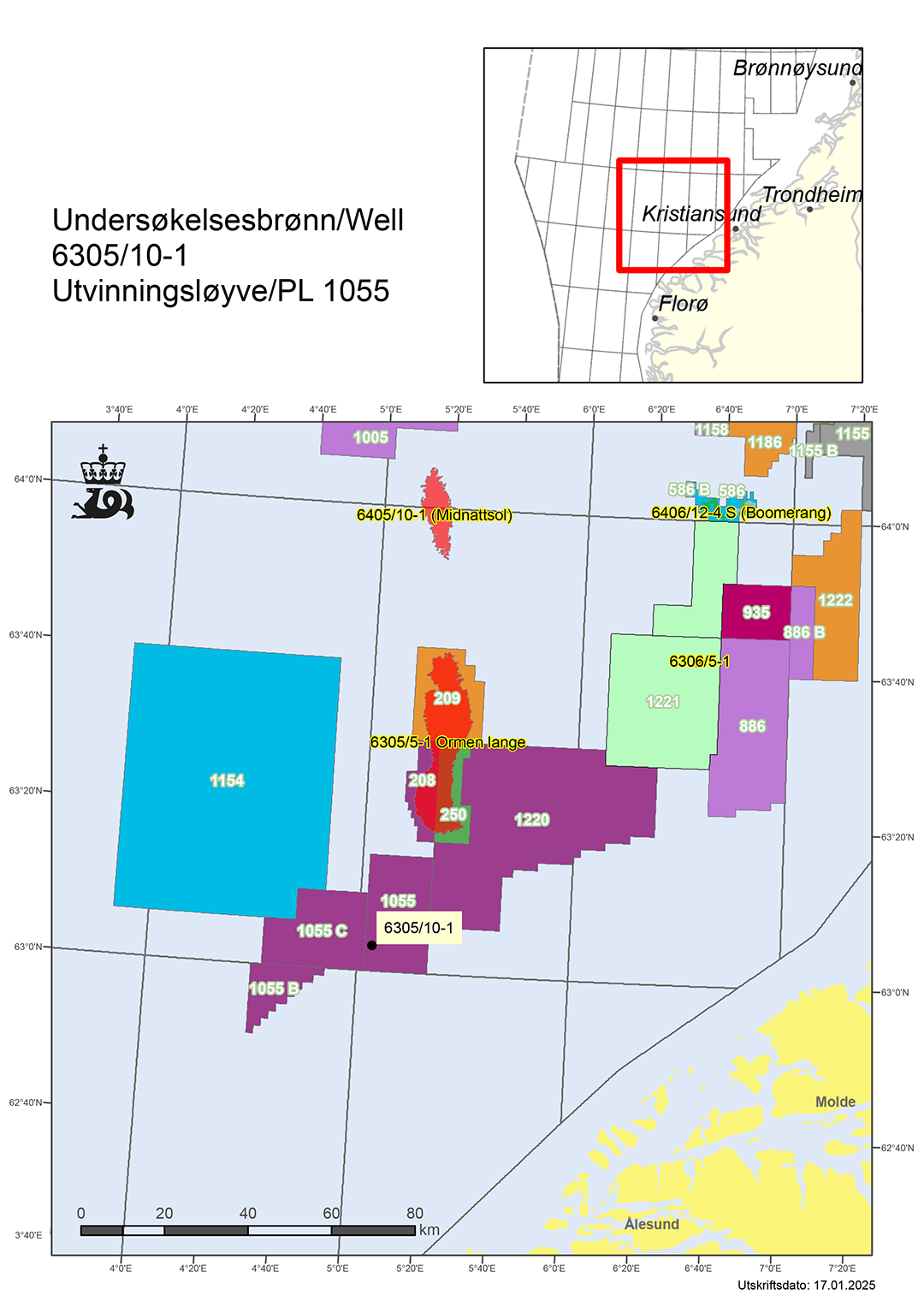 Map showing the location of well 6305/10-1