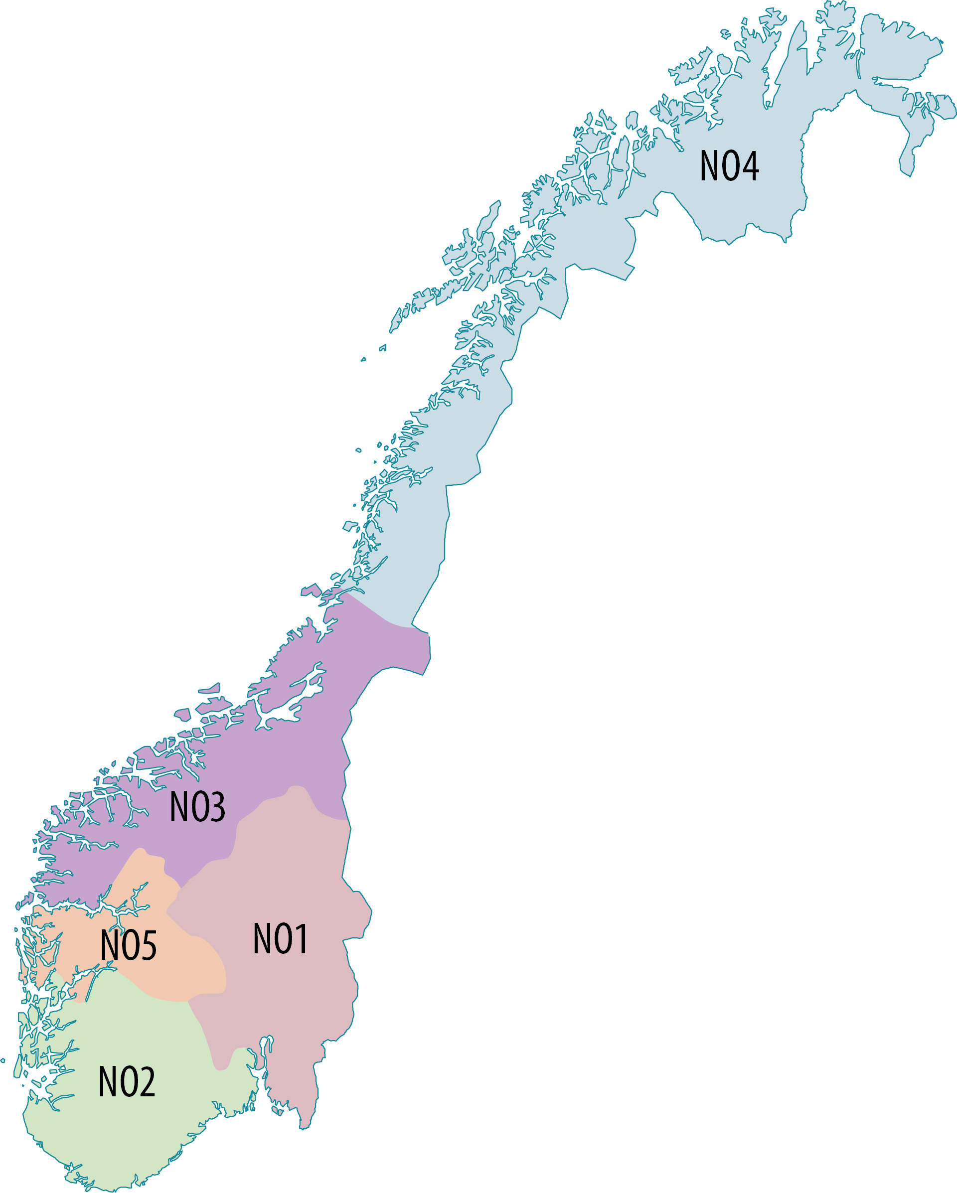 Kart over Norges prisområder for strøm, Norges vassdrags- og energidirektorat