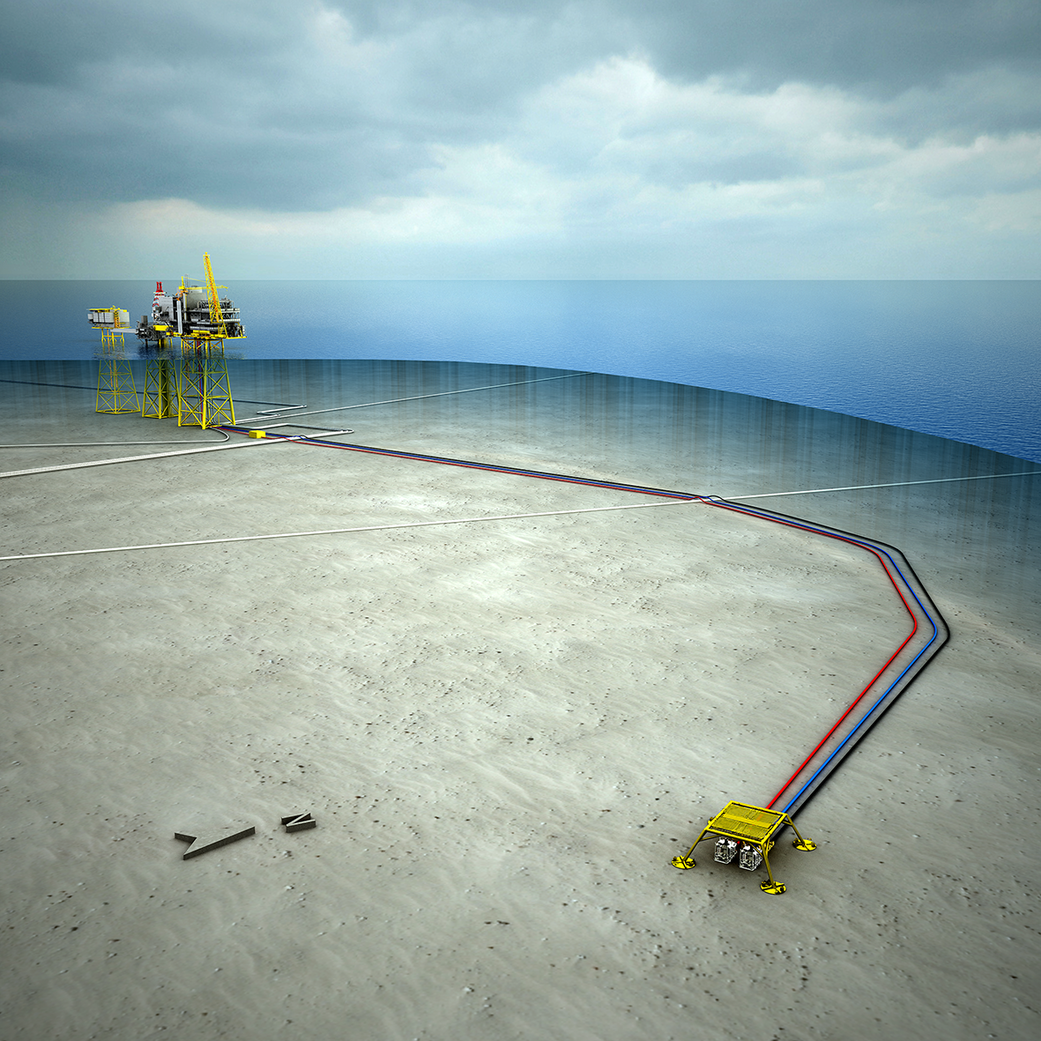 Illustration of the Oda seabed template tied back to the Ula field center.