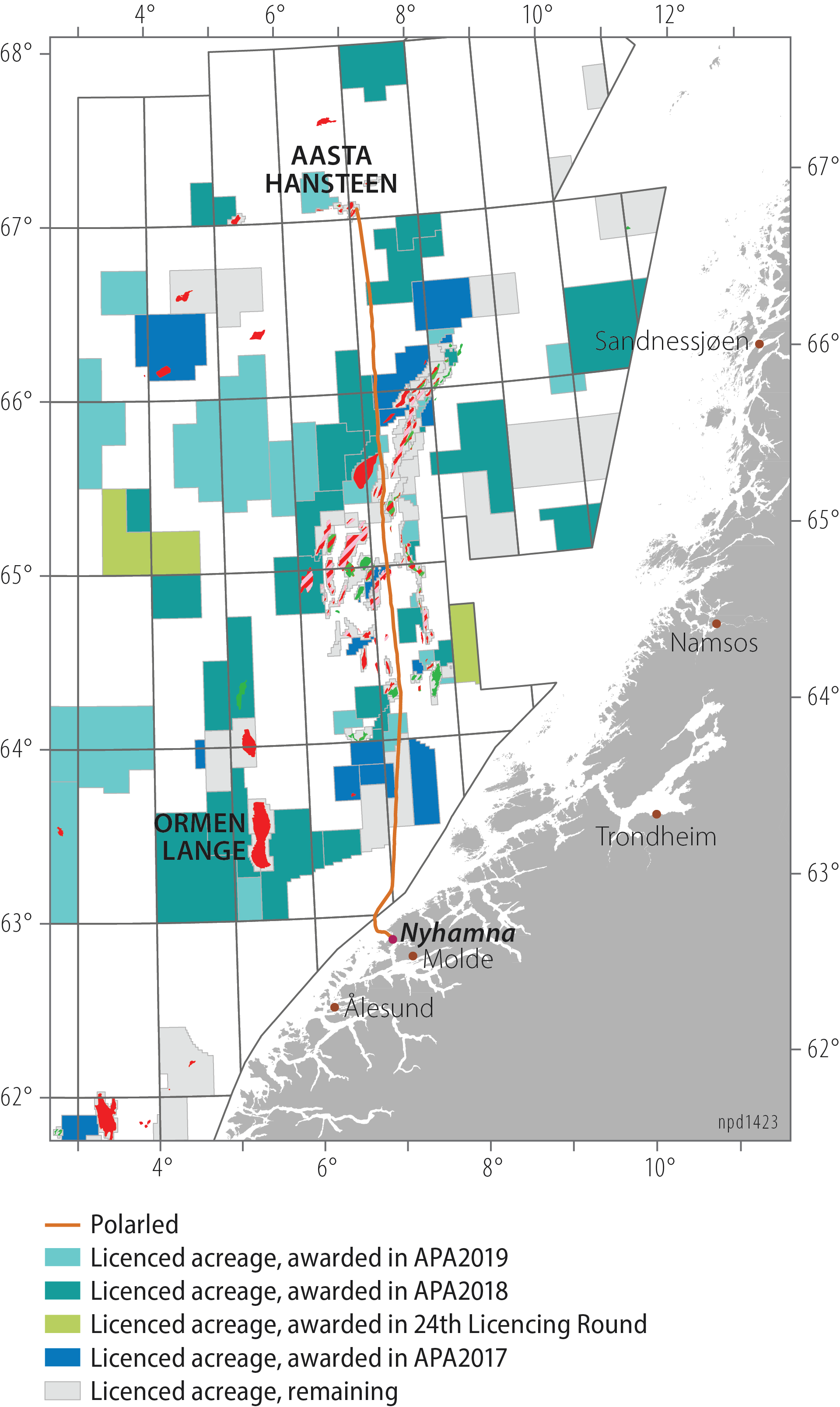 Figure 2.20 Awards near Polarled in the Norwegian Sea, 2018 and 2019