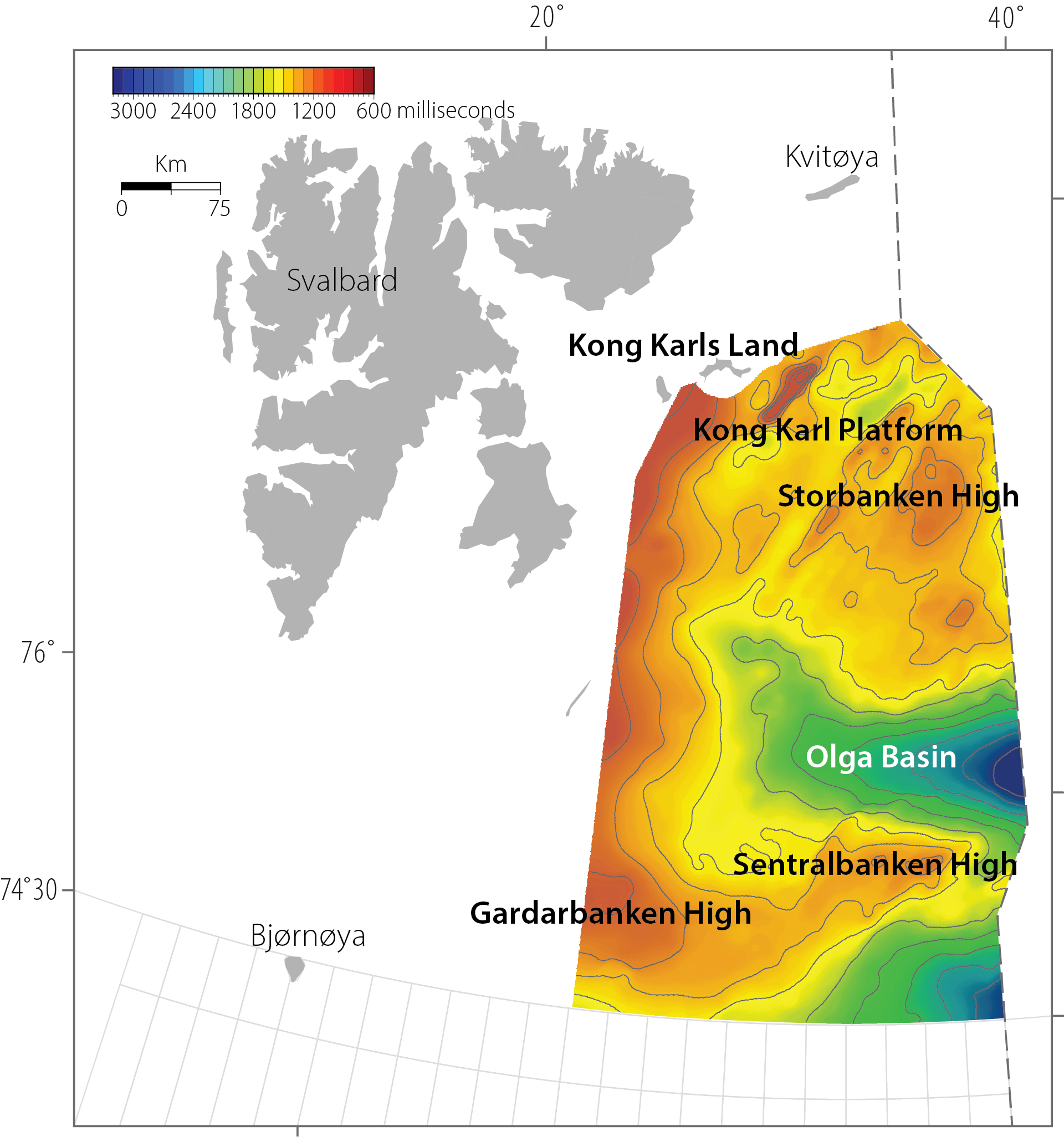 Figure 2.34 Large structures and the extent of mapped areas in Barents Sea North. Time contour map, top Permian