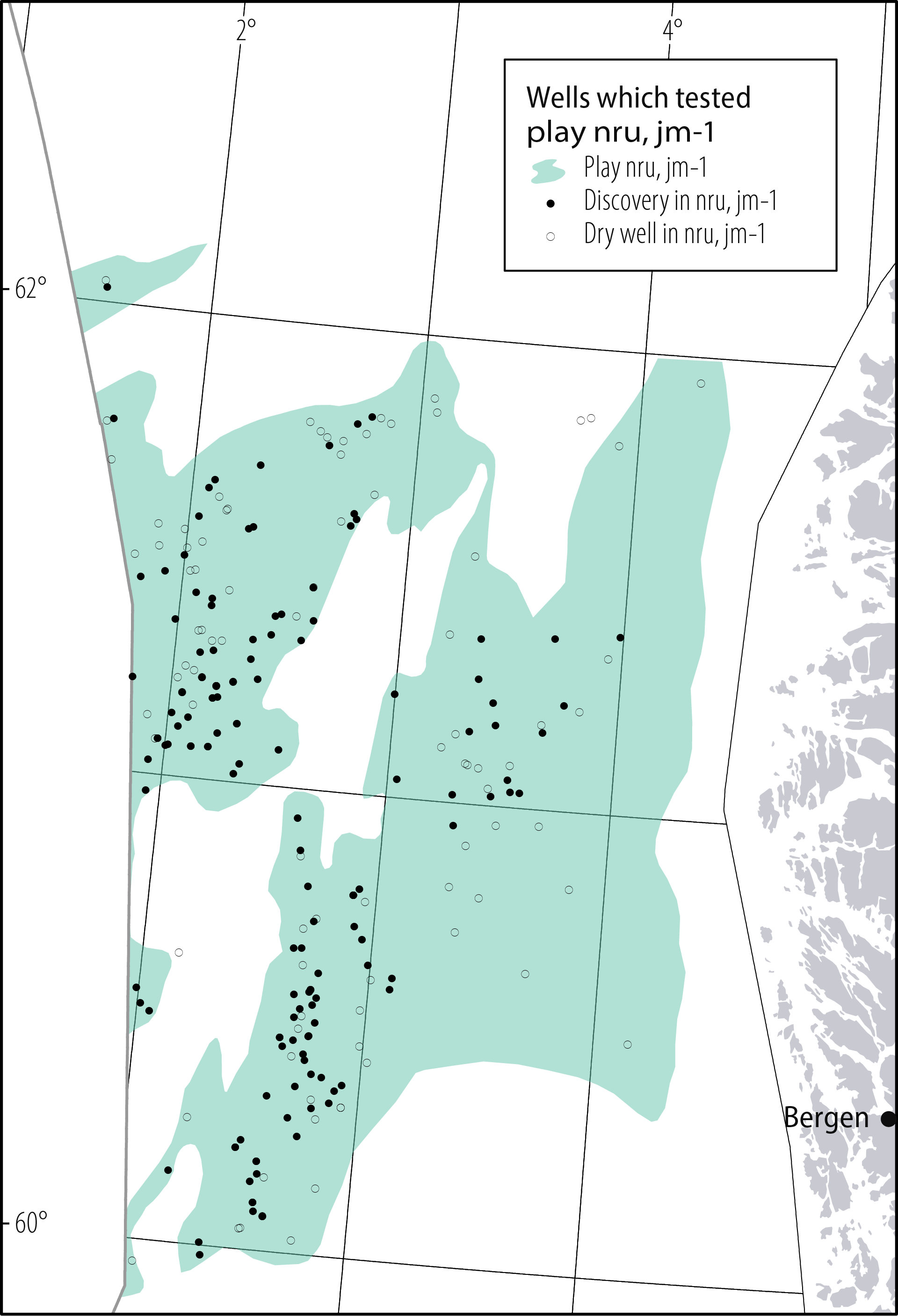 Figure 2.9 Play with the largest resources in the North Sea The contour shows the extent of the play, circles indicate which wells have tested the play and which are discoveries.