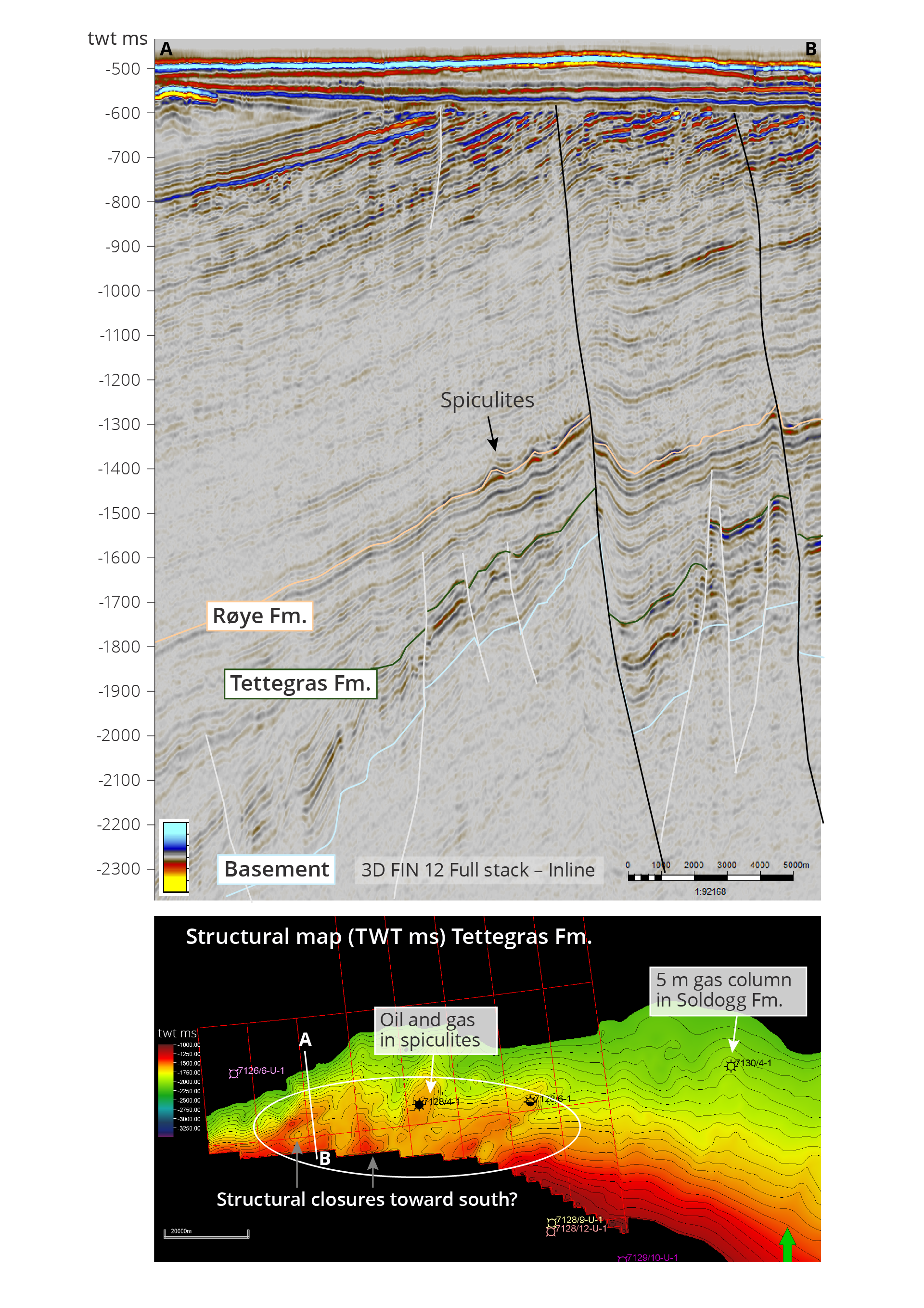 Figure 5.34 The seismic cross-section on top shows the Røye Formation, which can contain spiculites. 