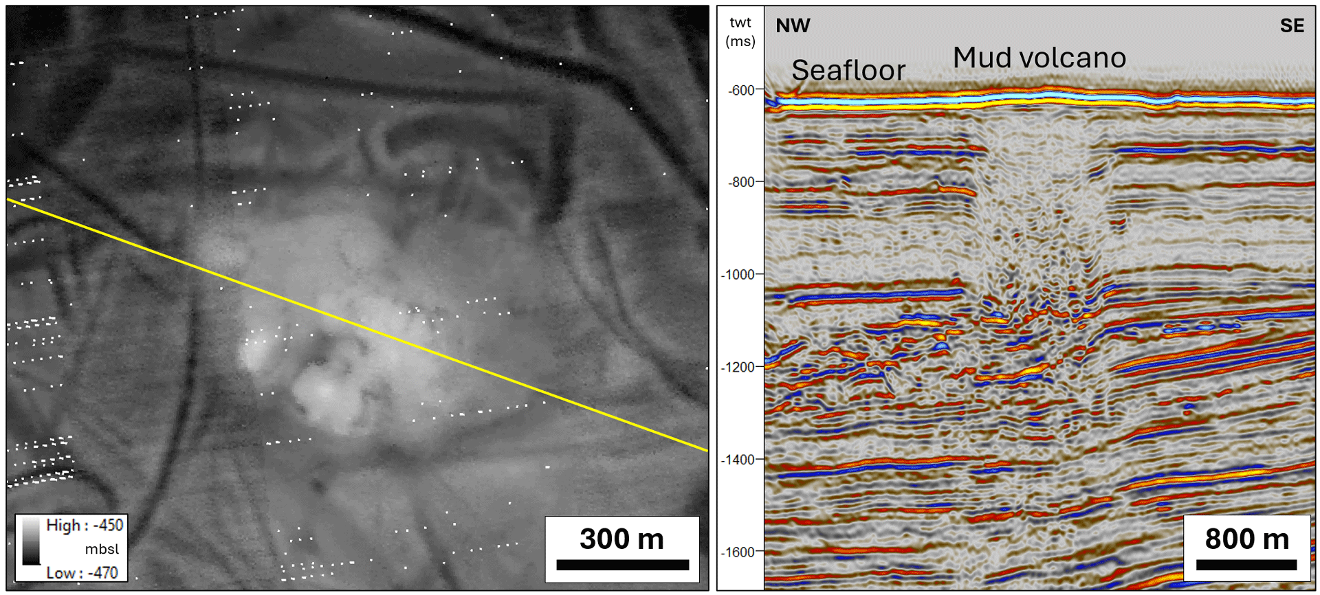 Figure 5.35 The map on the left shows the seabed mapped with echo sounders (unprocessed data, ten-metre resolution). 