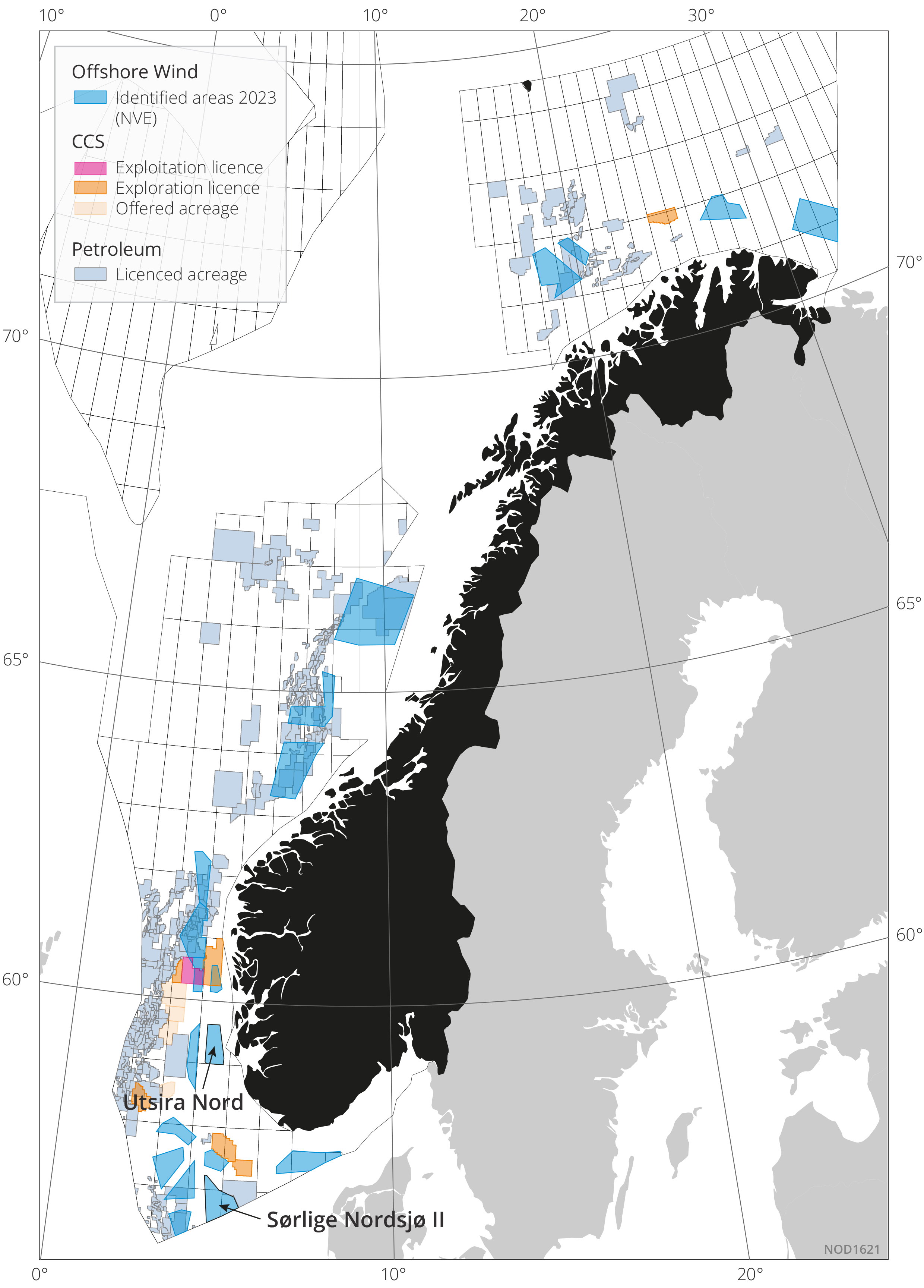 Figure 7.2 Map showing challenges of coexistence: CO2 licences are shown in orange and the 20 areas being considered for offshore wind in blue (Utsira Nord and Sørlige Nordsjø II should be noted). Petroleum licences are depicted in blue-grey.