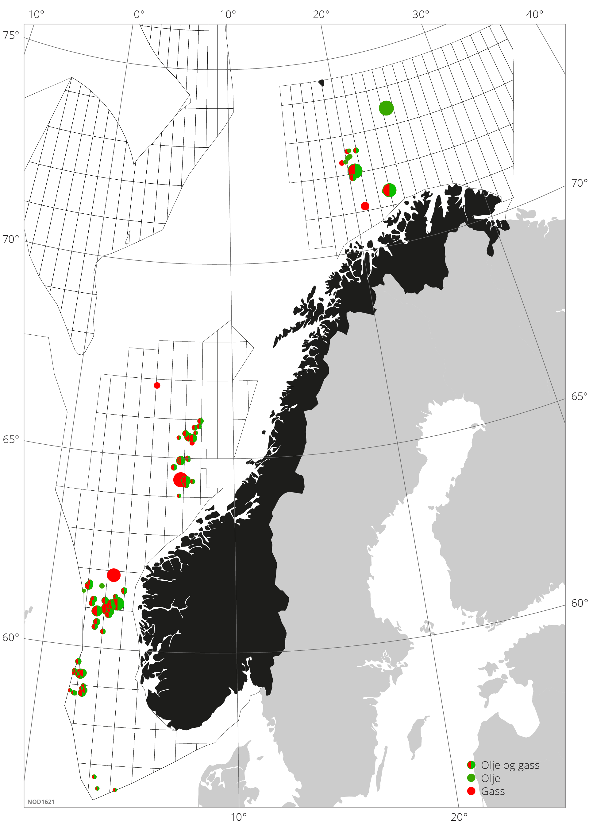 Figur 5.14 Funnportefølje i RNB (dette inkluderer alle funn i ressursklassene 4F, 5F og 7F ved utgangen av 2023). Fase (olje = grønn, gass =rød) vises i sirkler. Sirklenes størrelse representerer funnenes relative størrelse, det vil si størst sirkel viser funnet med størst volum.