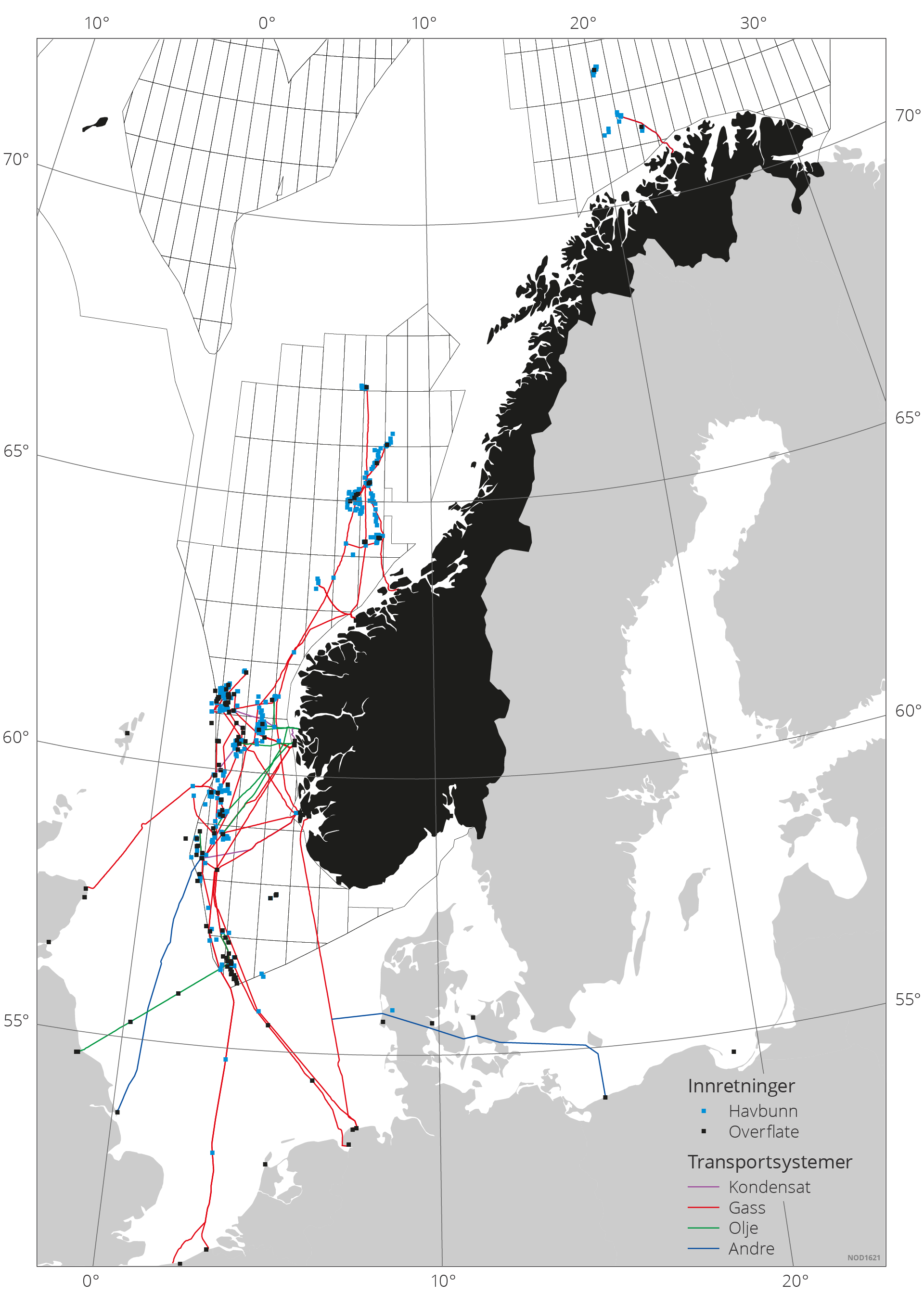 Figur 6.8 Figuren viser transportsystemer (rørledninger) og mottaksanlegg i Storbritannia, Nederland, Tyskland, Danmark og Polen. Det er ingen rørledning mellom Norskehavet og Barentshavet.