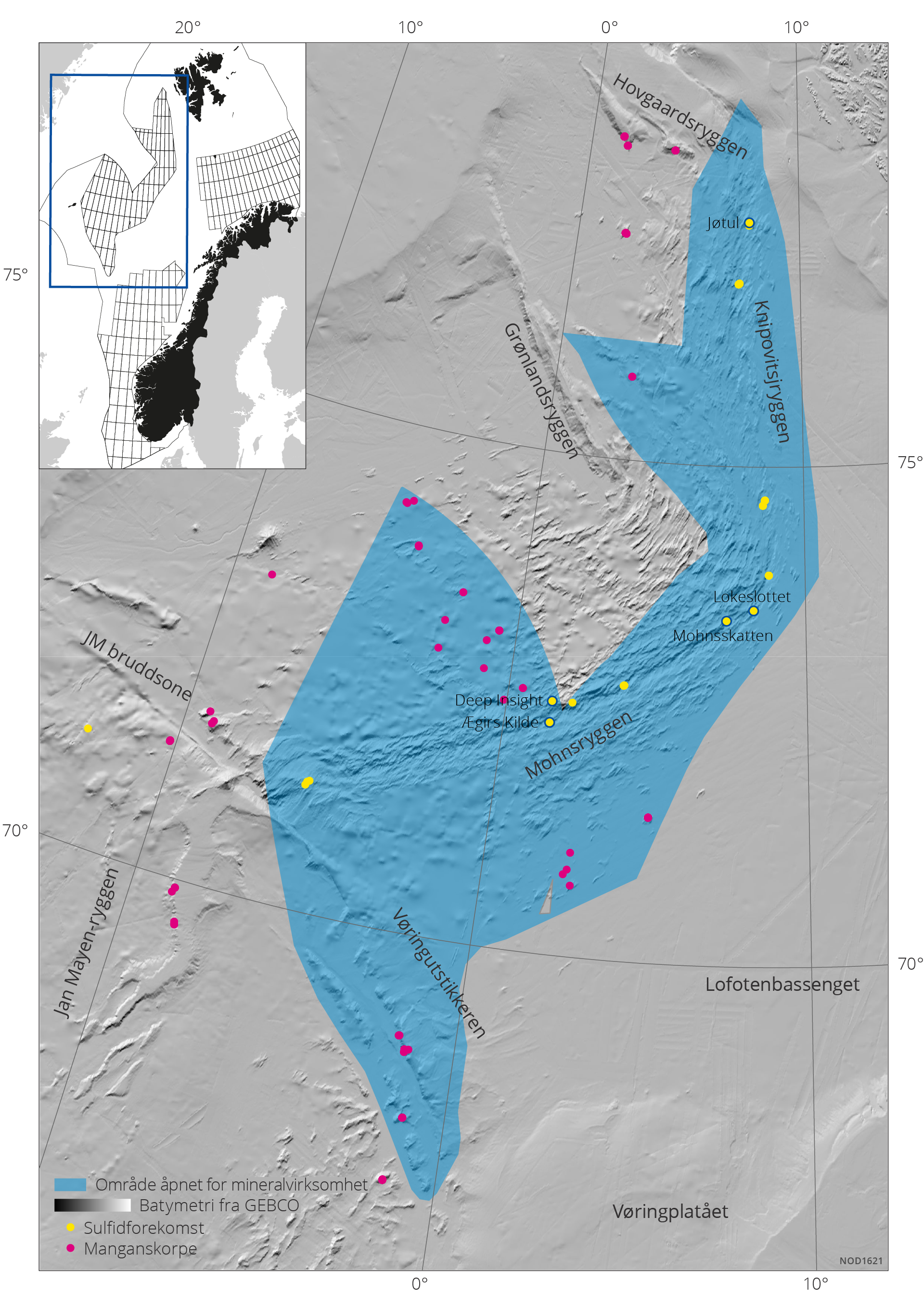 Figur 7.1 Kartet viser området som er åpnet for mineralvirksomhet på havbunnen.