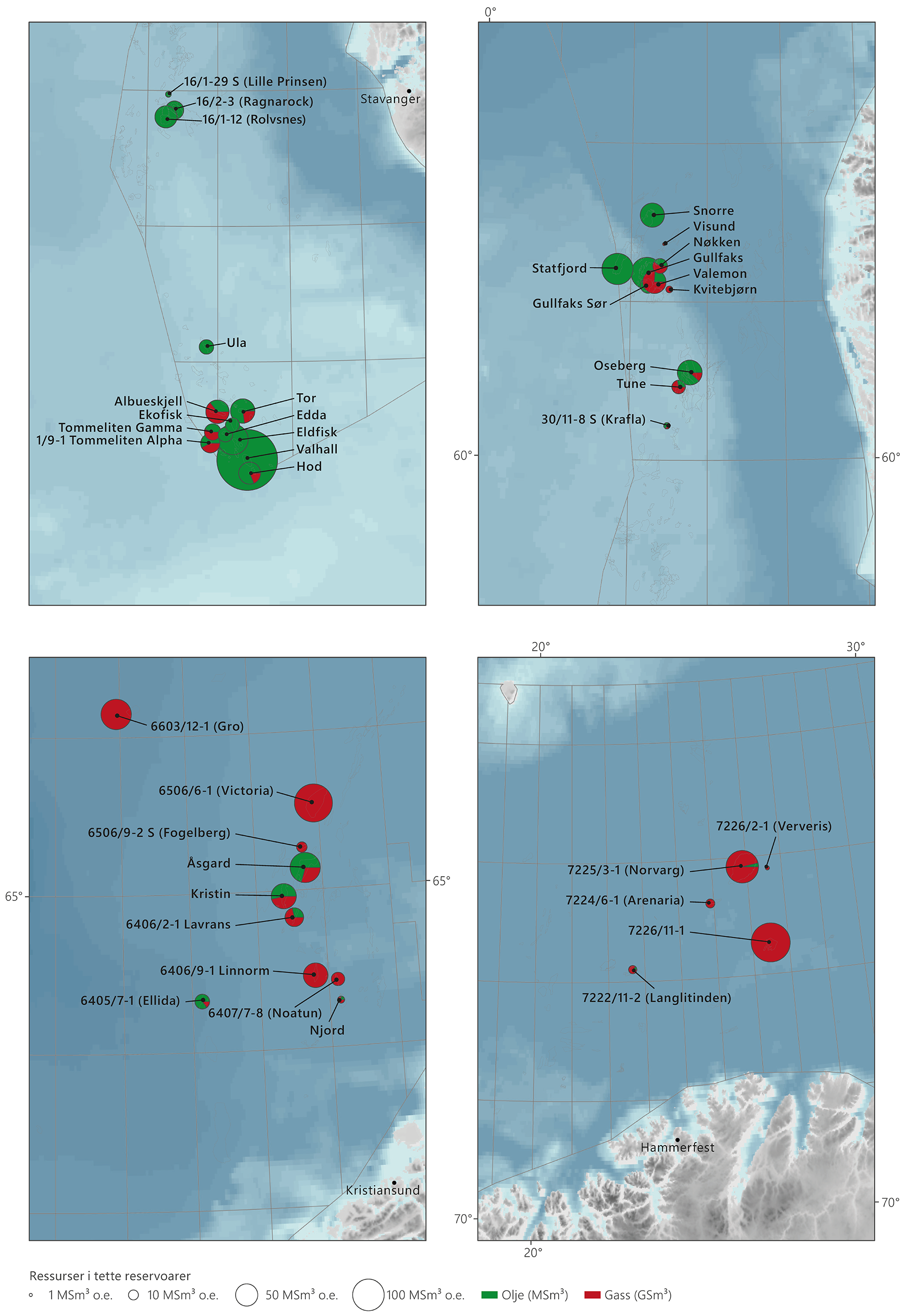 Fire kart som viser en oversikt over tilstedeværende olje og gass i tette reservoar i sørlige og nordlige del av Nordsjøen, Norskehavet og Barentshavet.